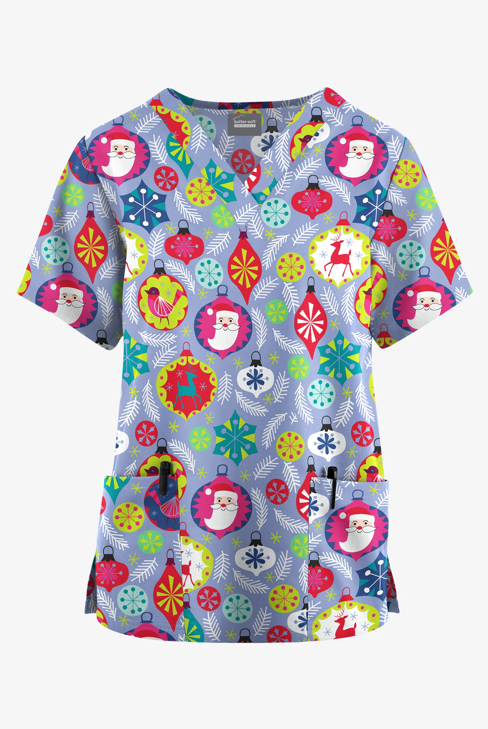 Butter-Soft Originals Jolly Baubles Ceil Women's 2-Pocket Classic Fit V-Neck Print Scrub Top