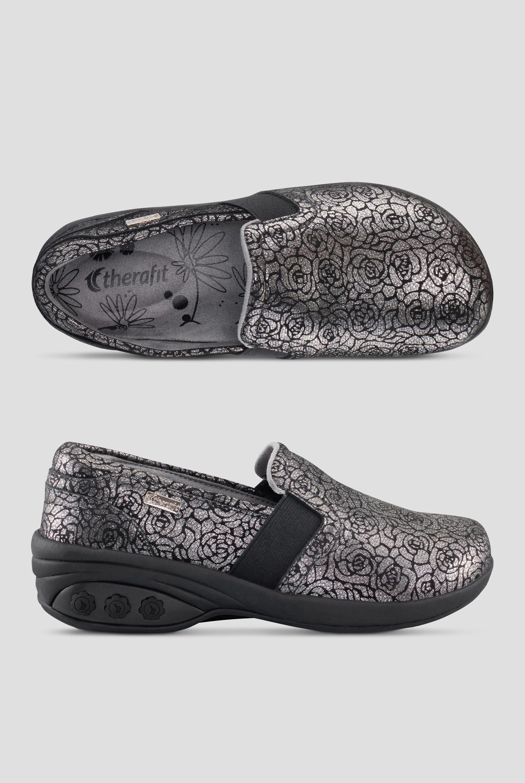 Therafit Women's Annie Pewter Floral Leather Slip Resistant Slip On Shoe