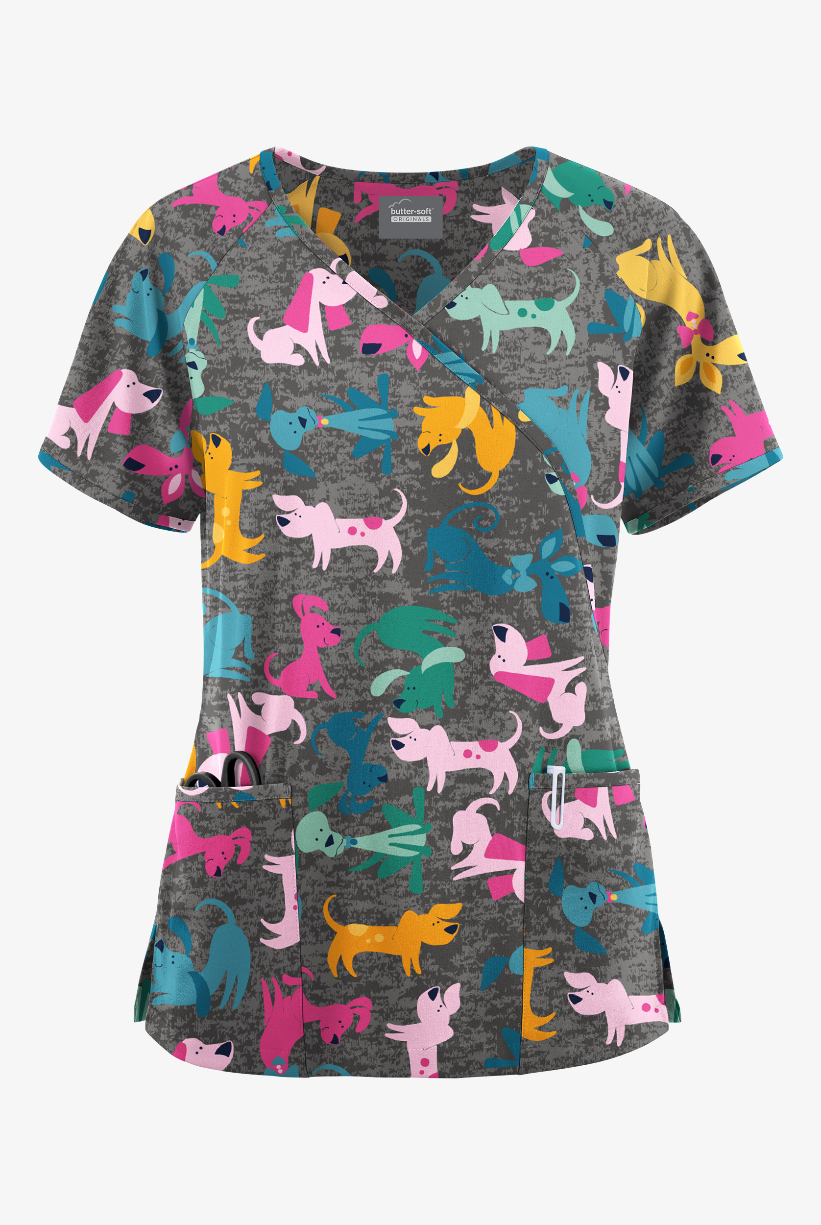 Butter-Soft Originals Paw Friends Pewter Women's 3-Pocket Mock Wrap with Ties Print Scrub Top