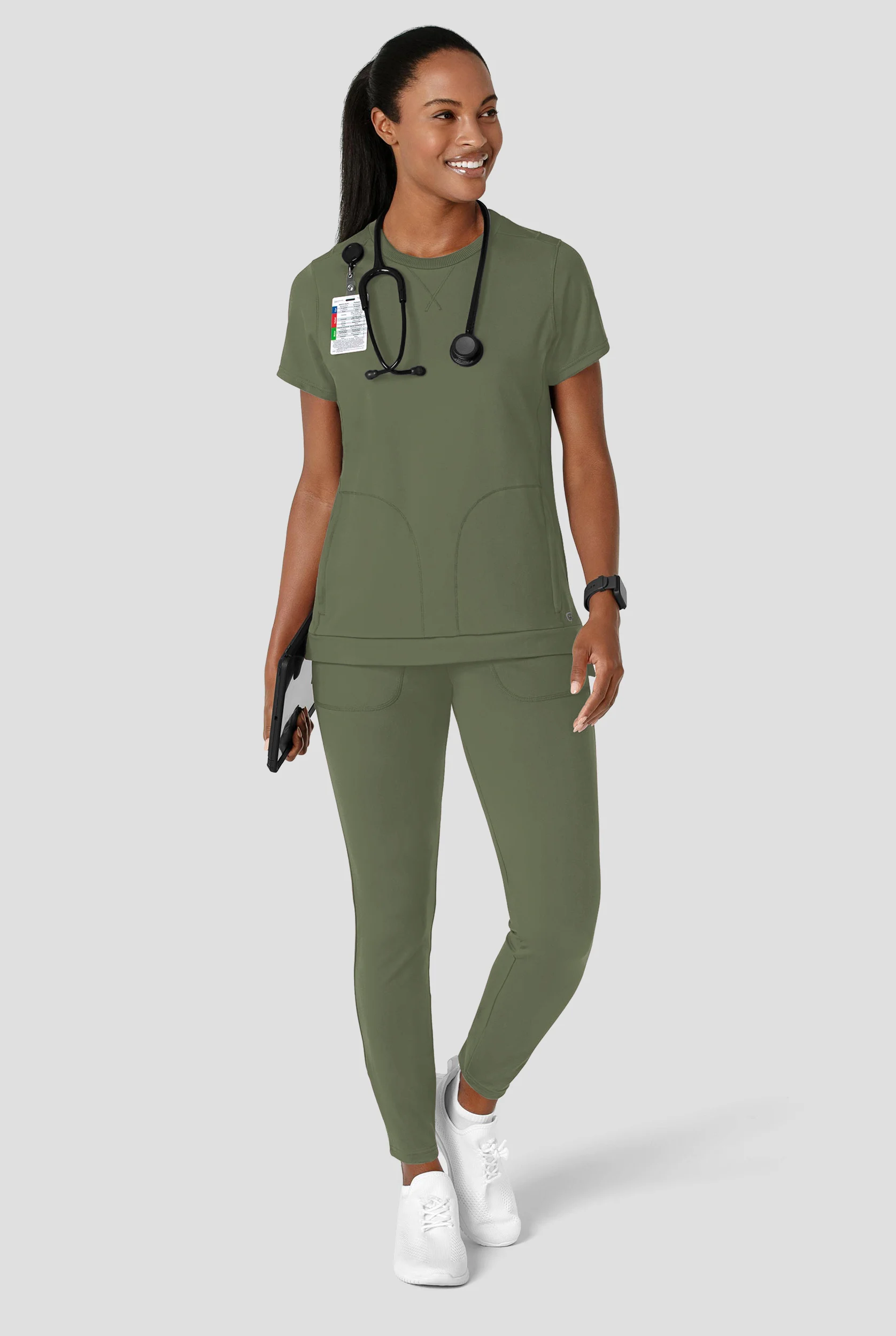 Wink Renew Knit Women's 2-Pocket STRETCH Rib-Knit Crew Neck Scrub Top