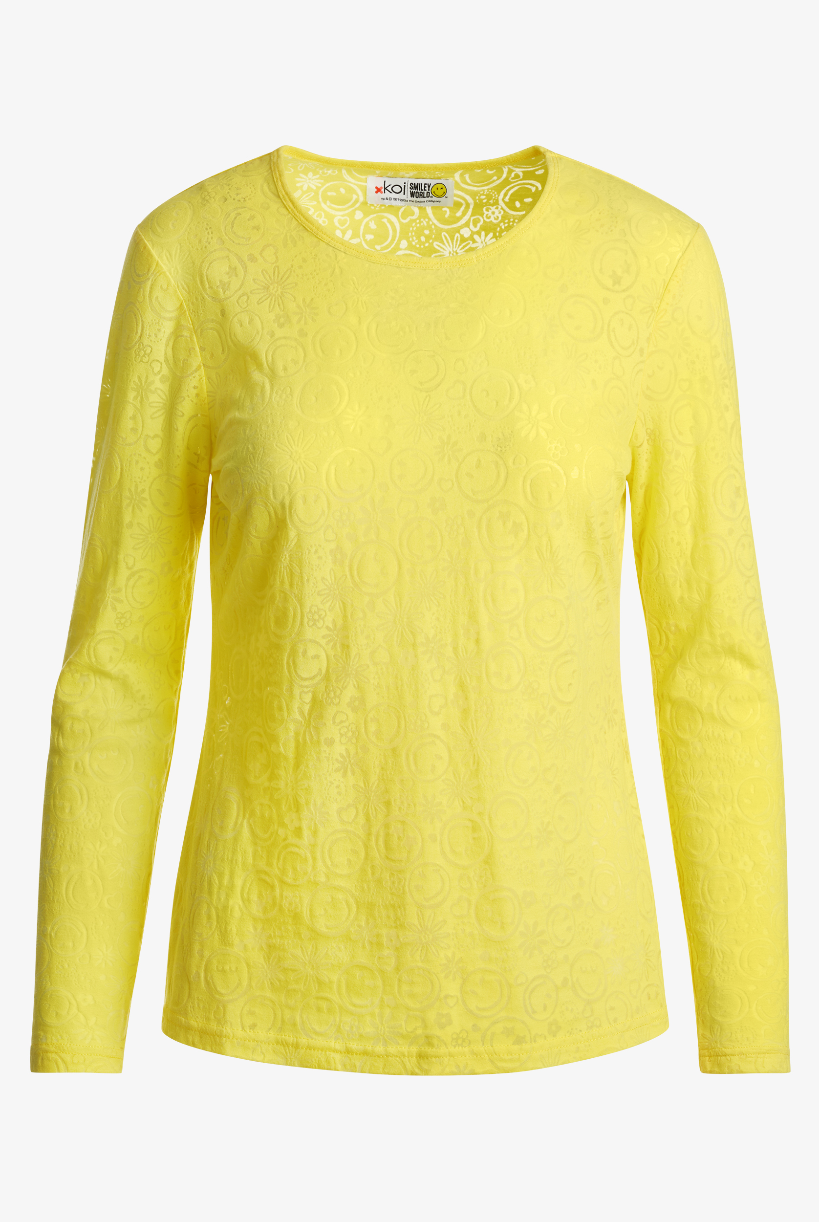 Camiseta médica koi Smiley World Burnout Loving Yellow STRETCH con mangas largas para mujer