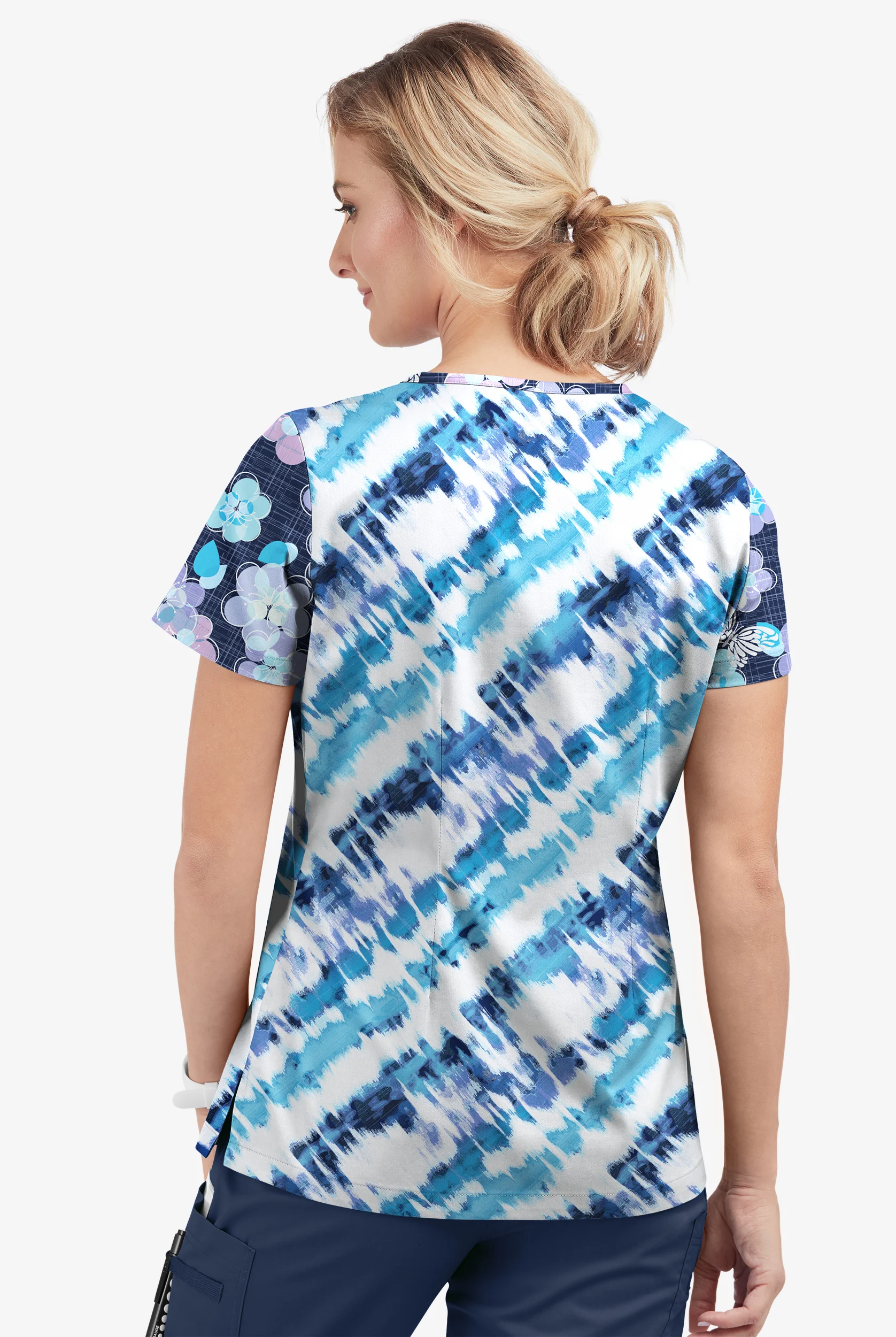 Butter-Soft STRETCH Bloom Butterflies & Belize Ikat Womens 4-Pocket Crisscross Mixed Print Scrub Top