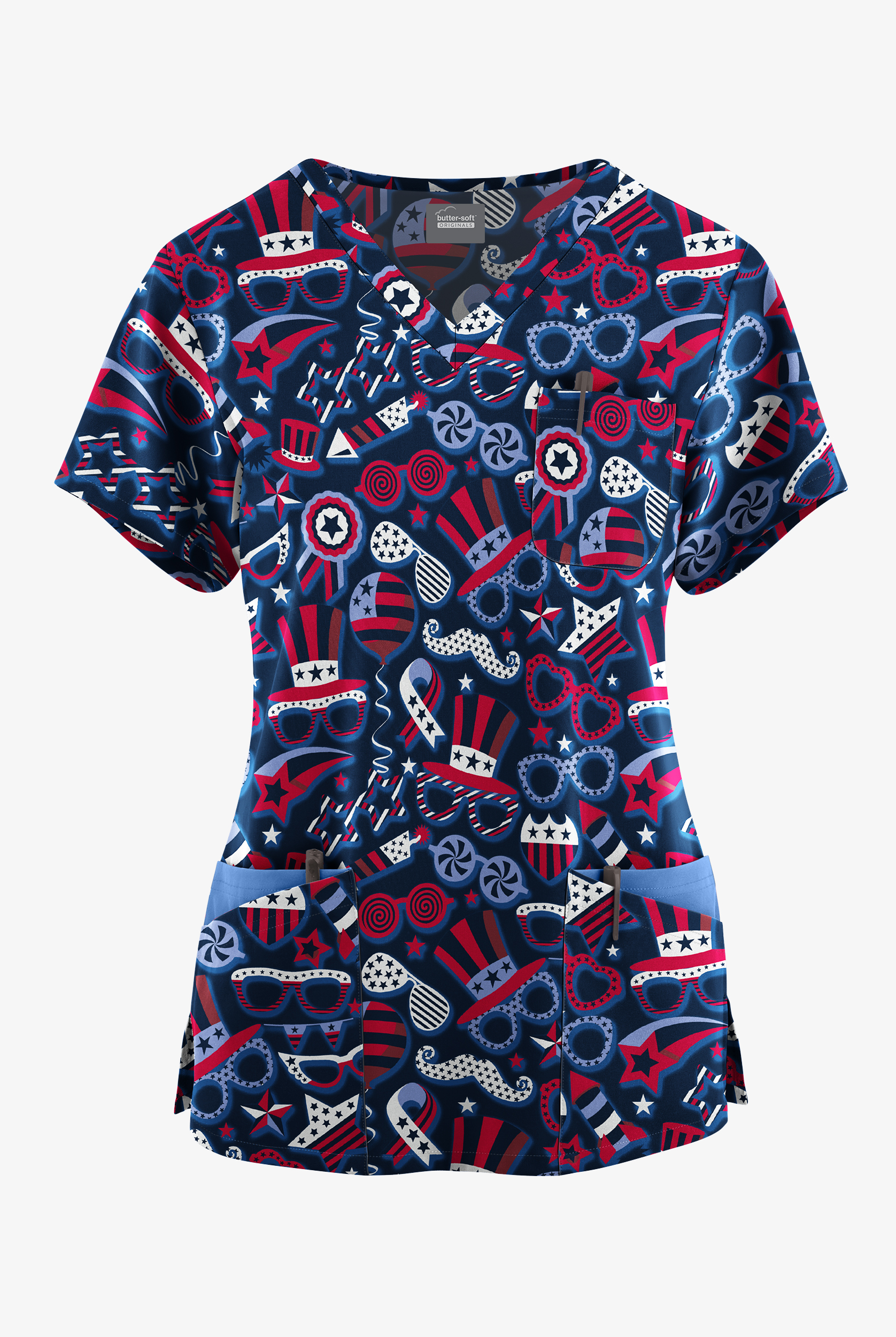 Butter-Soft Originals Stars & Stripes Navy Women's 7-Pocket Curved V-Neck Print Scrub Top