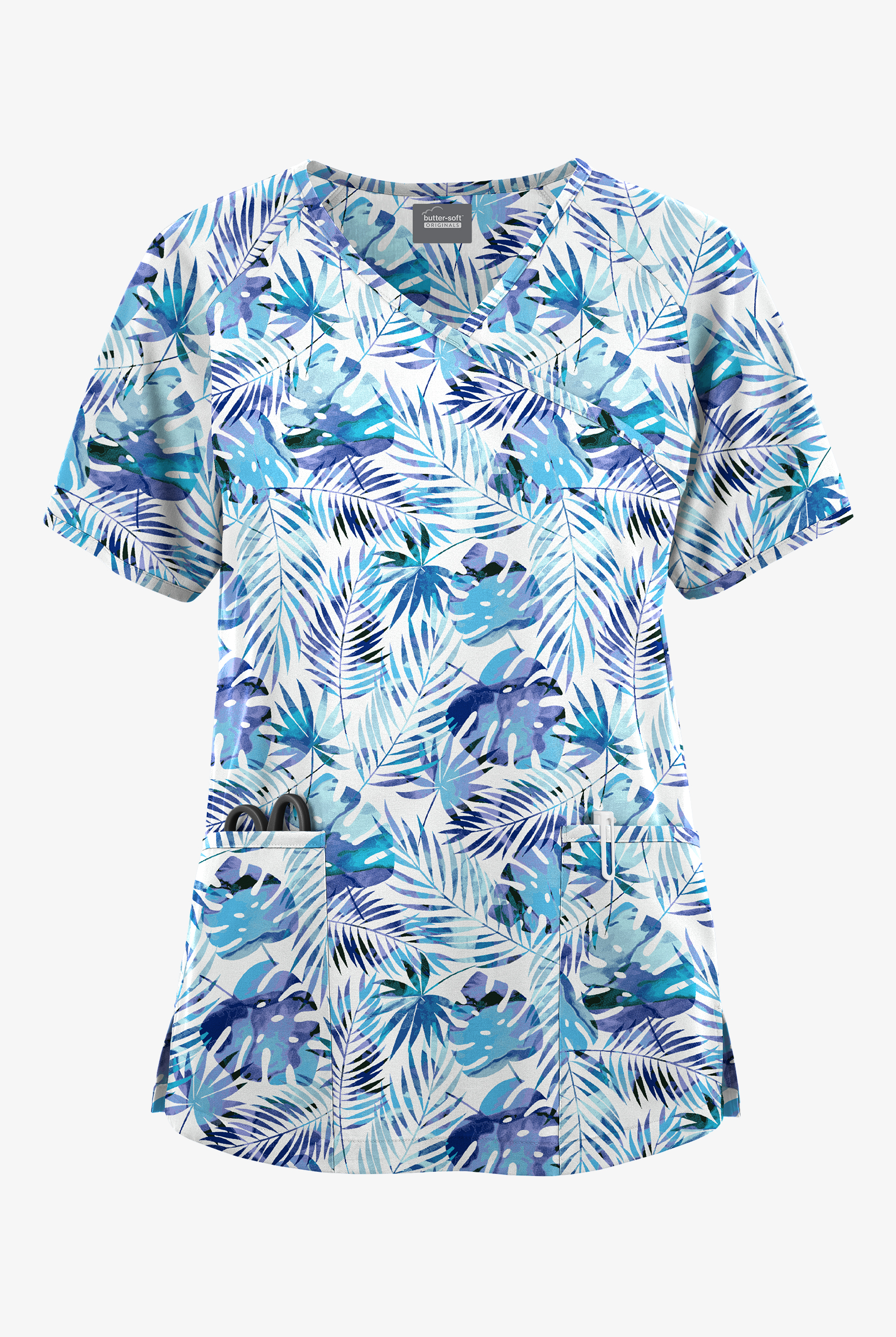 Butter-Soft Originals Tropical Garden Women's 3-Pocket Mock Wrap Raglan Sleeve Print Scrub Top
