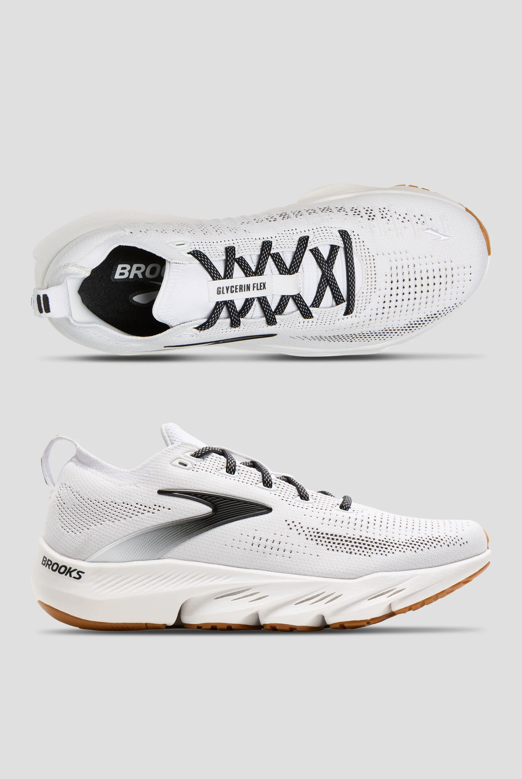 Brooks Men's Glycerin Flex White/Black/Gum Athletic Lace Up Shoes