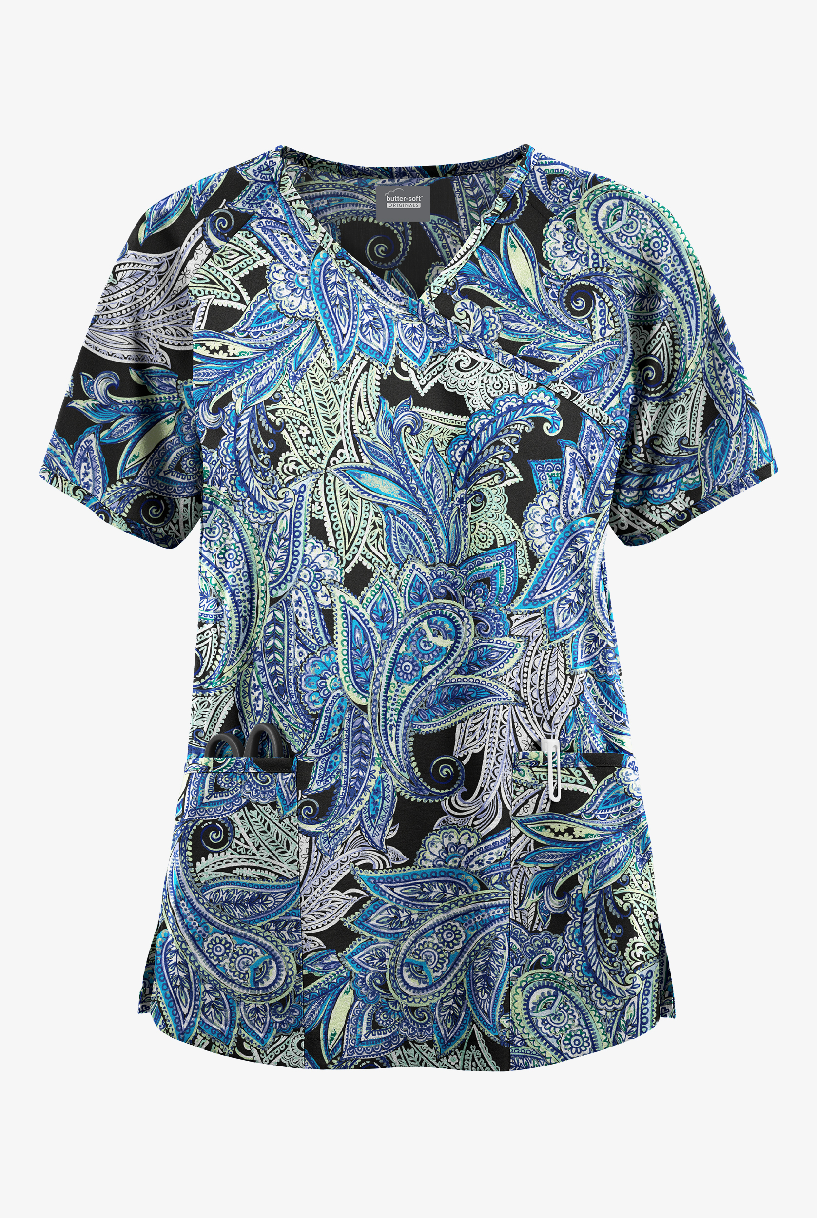 Butter-Soft Originals Layered Paisley Women's 3-Pocket Raglan Sleeve Mock Wrap Print Scrub Top