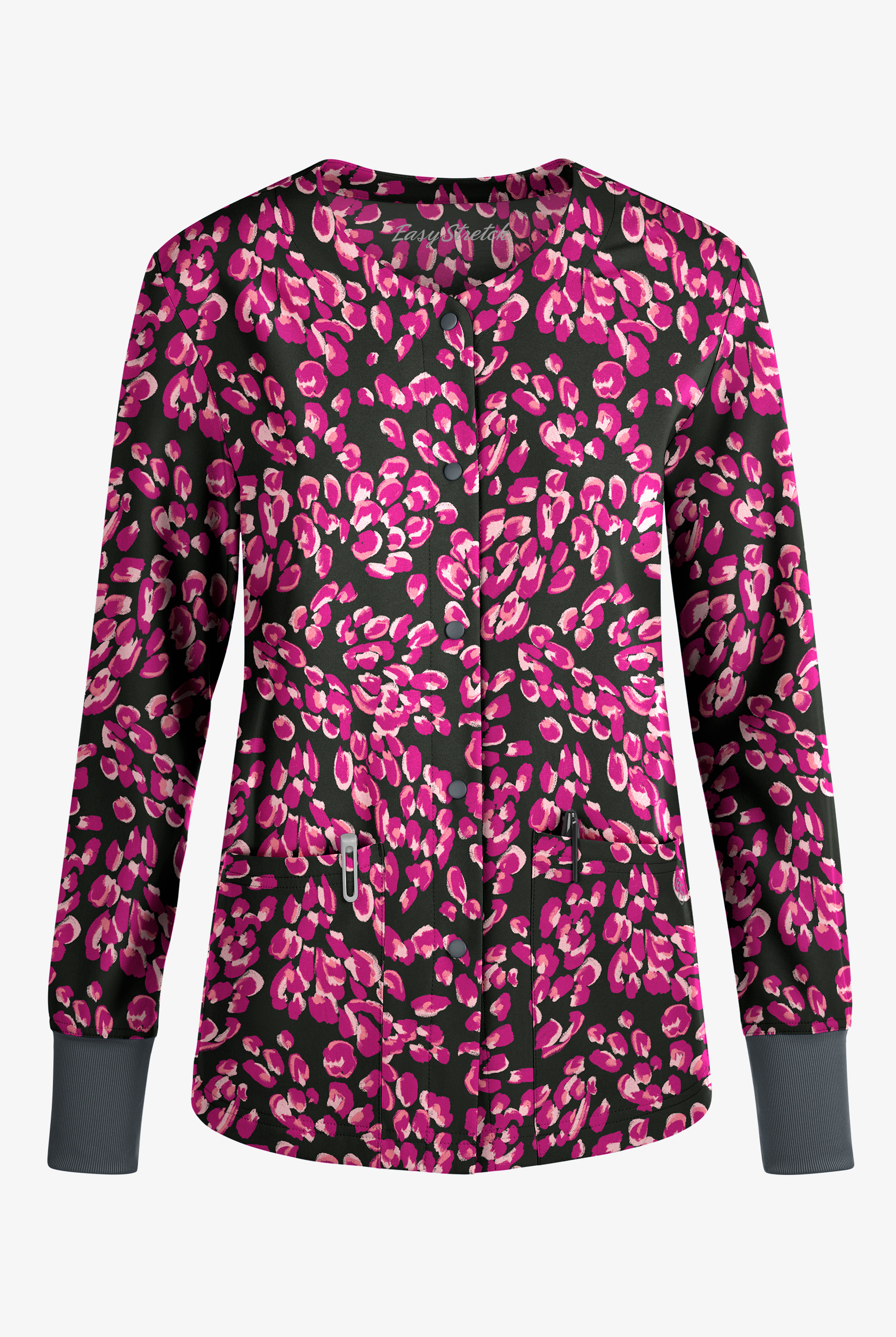 Chaqueta médica estampada Easy STRETCH Modern Cheetah Pewter con botones a presión para mujer