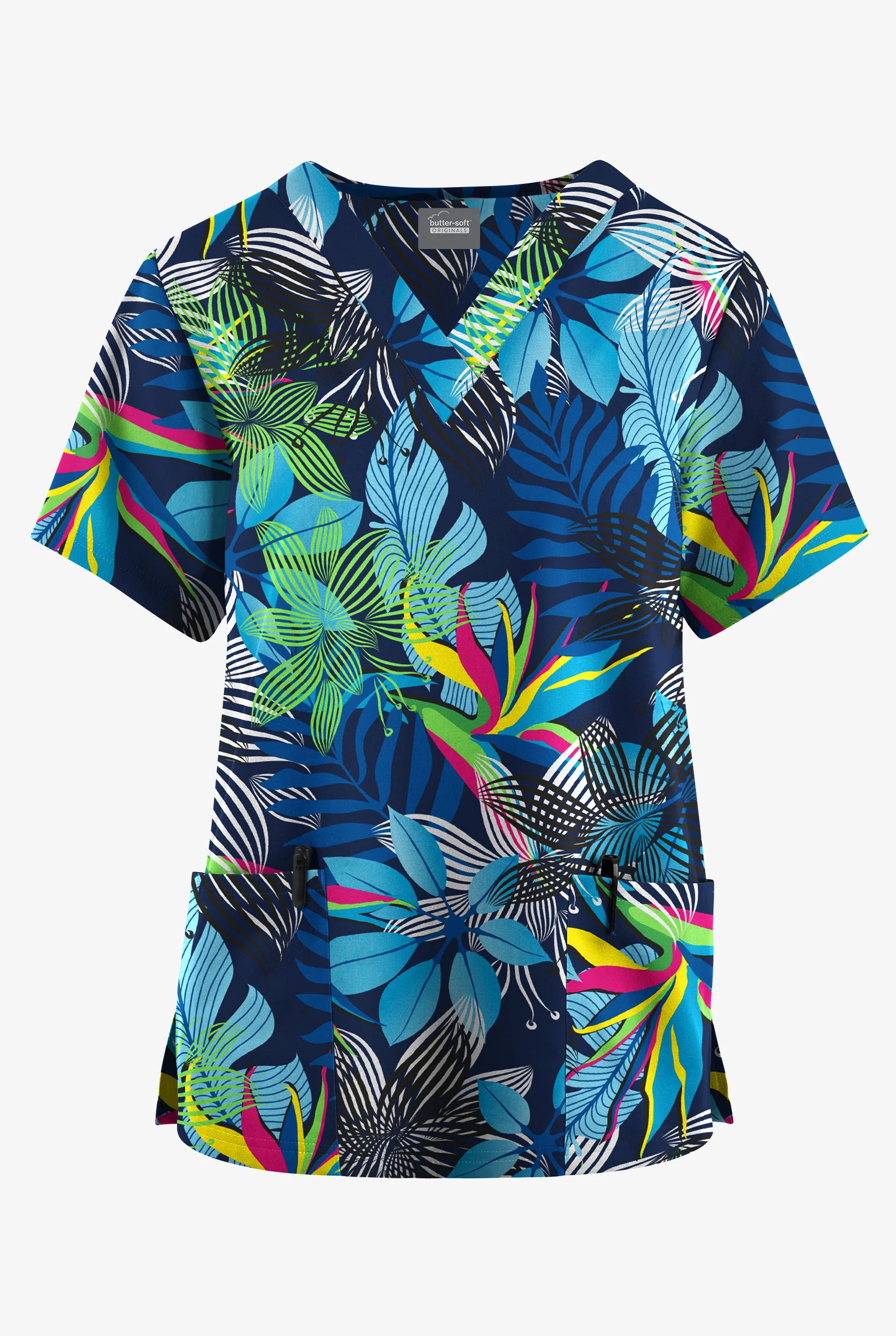 Butter-Soft Originals Kaleidoscope Jungle Navy Women's 2-Pocket Classic Fit V-Neck Print Scrub Top