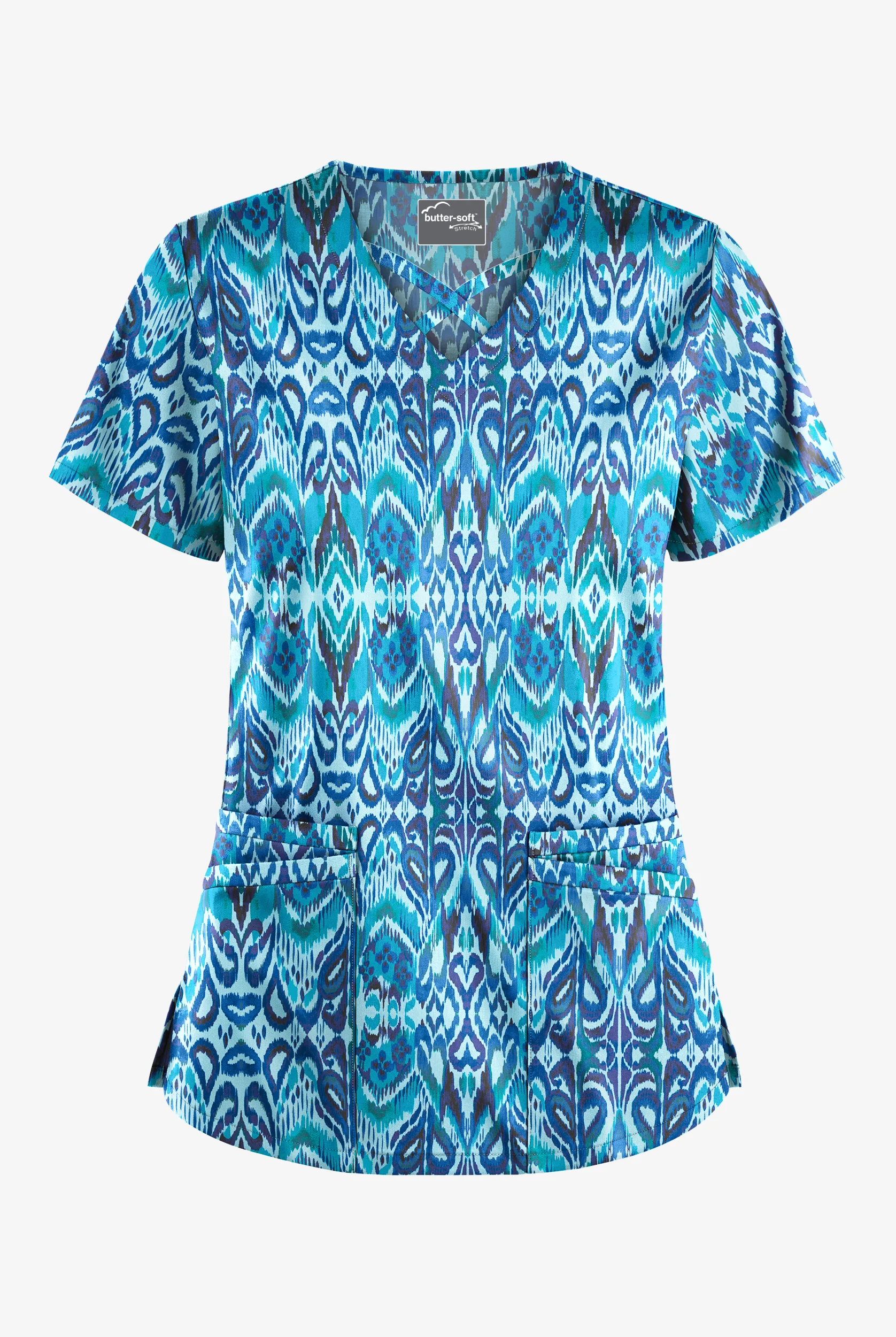Butter-Soft STRETCH Romanian Ikat Dew Drop Women's 4-Pocket Crisscross Print Scrub Top