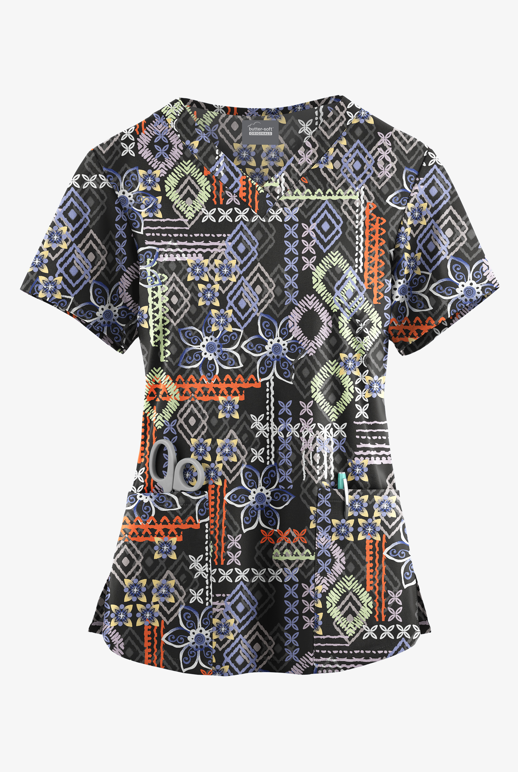 Butter-Soft Originals Floral Batik Women's 4-Pocket Rounded V-Neck Print Scrub Top