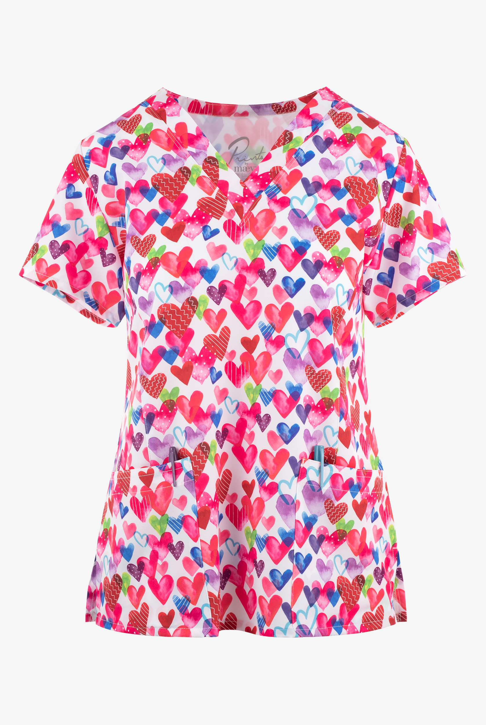Maevn One Love Hearts Women's 3-Pocket STRETCH V-Neck Print Scrub Top