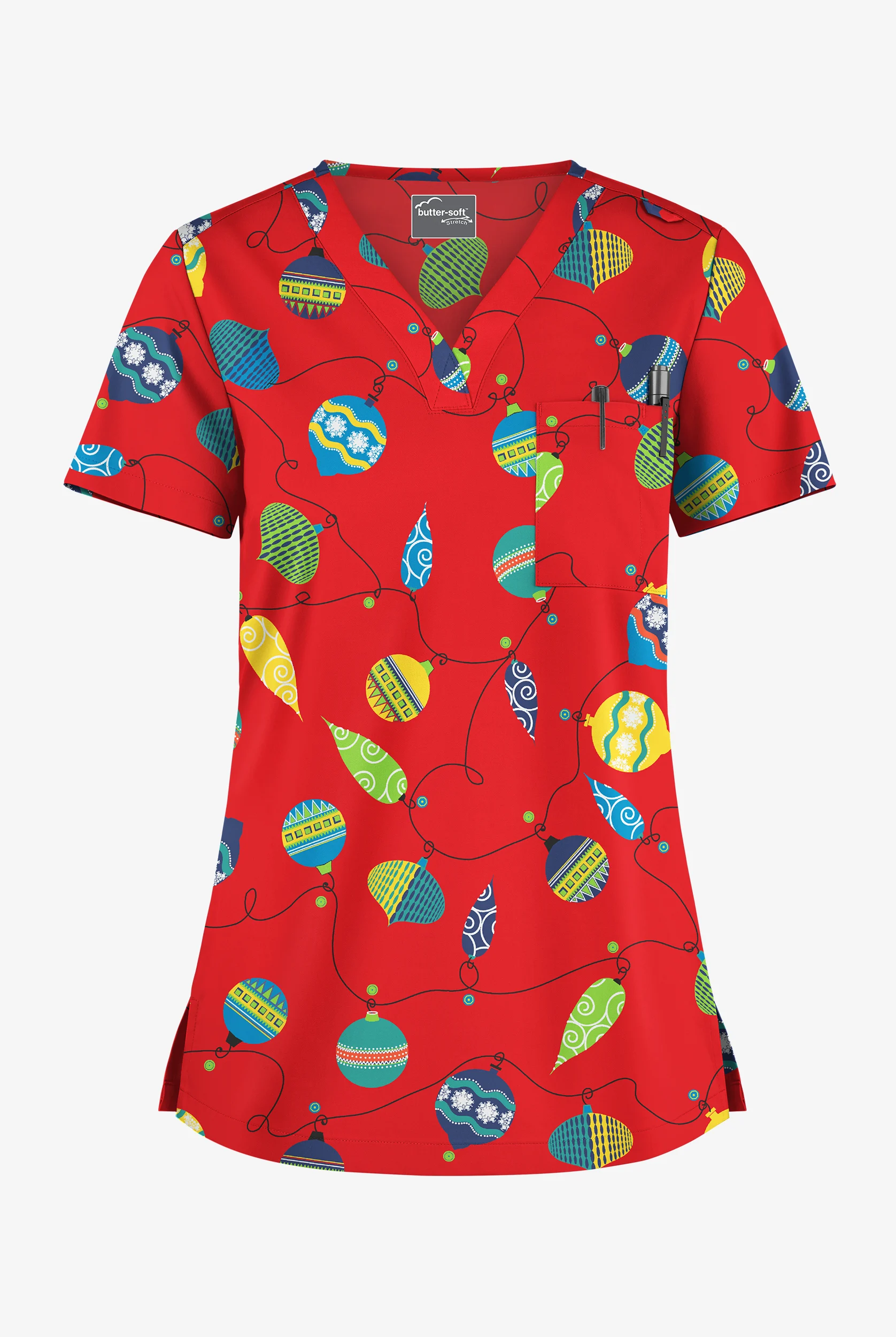 Butter-Soft STRETCH Bright Baubles Royal Women's 1-Pocket Tuck-In V-Neck Print Scrub Top