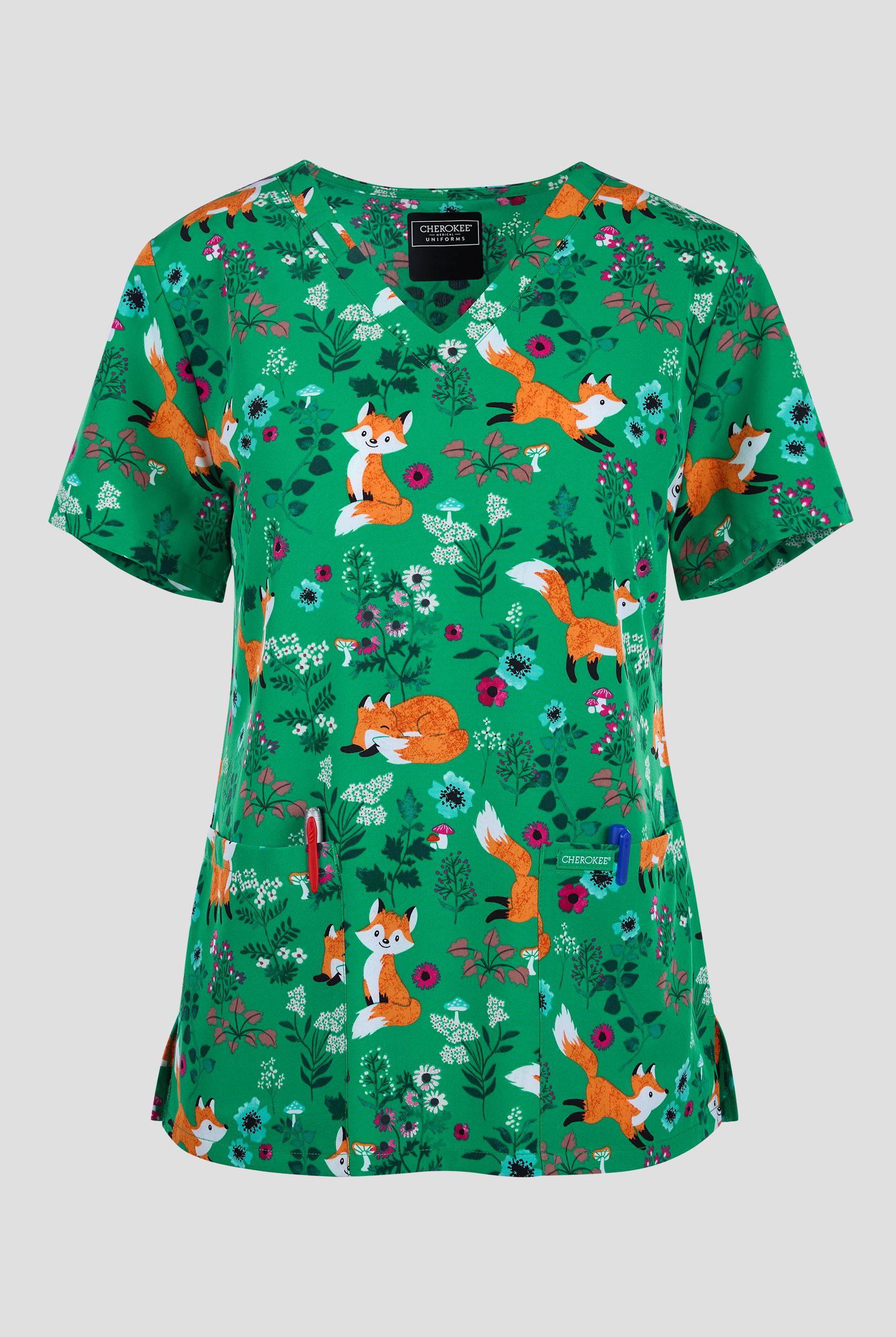 Cherokee Wild Foxx Women's 2-Pocket STRETCH V-Neck Print Scrub Top
