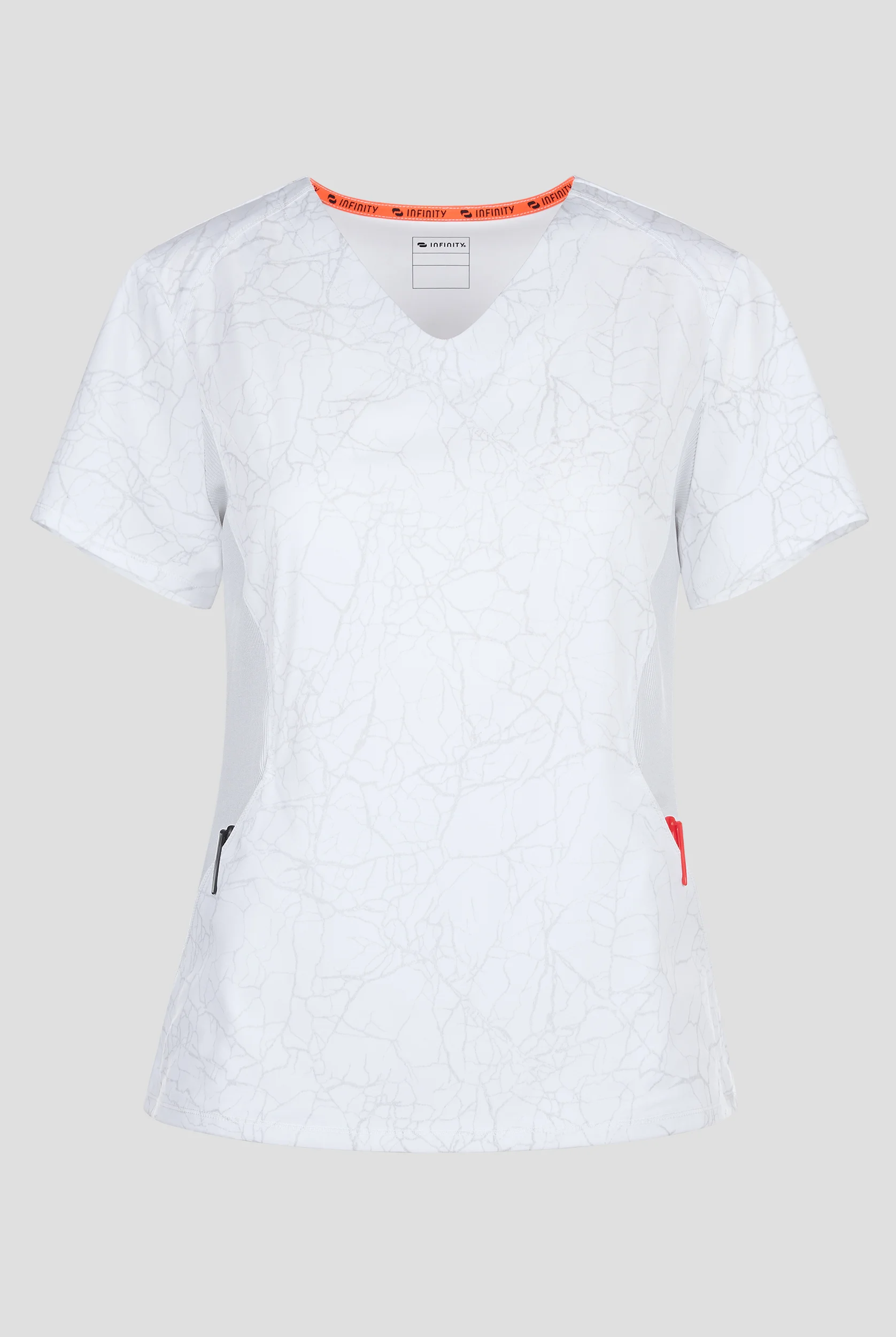 Blusa médica estampada Infinity Crackle White Marble STRETCH con cuello en V reflectante y 2 bolsillos para mujer