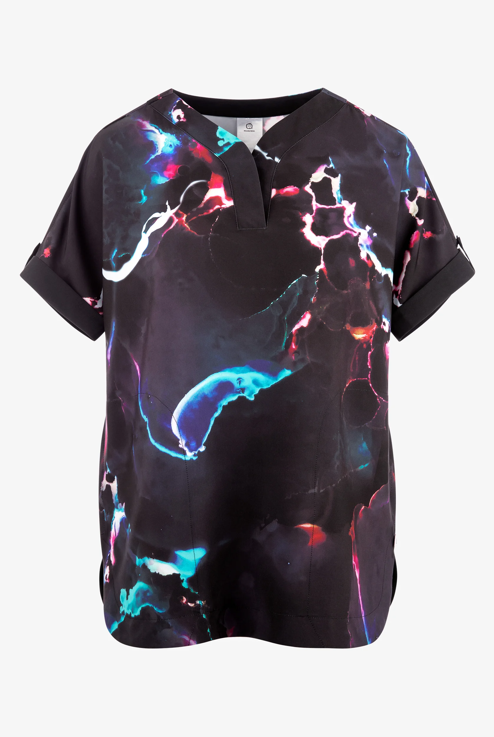 Wink Black Ink Drop Marble Women's 2-Pocket STRETCH Y-Neck Print Scrub Top