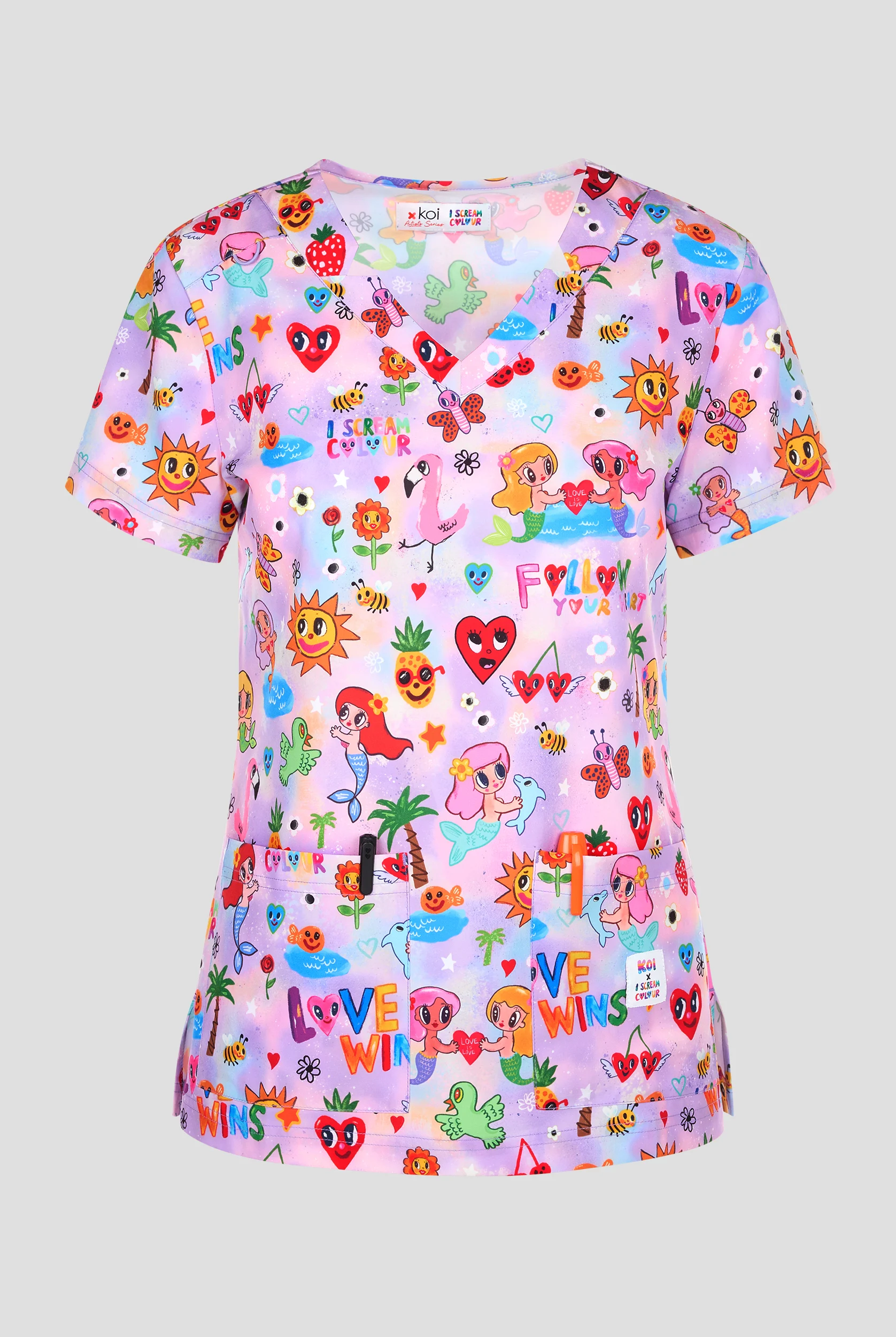koi Lite Liddle Mermaids Women's 2-Pocket Notched V-Neck Print Scrub Top