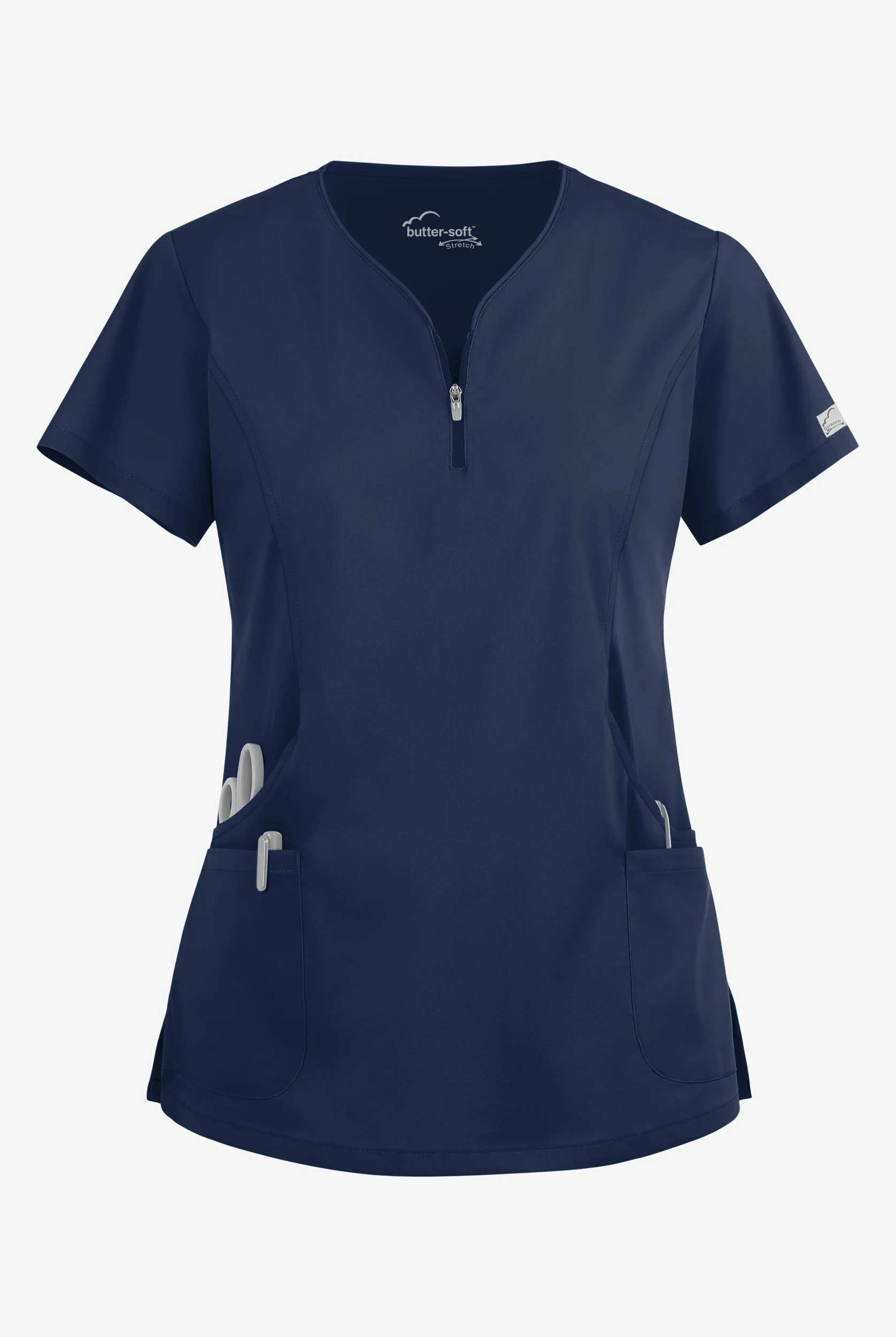Blusa m&eacute;dica UA Butter-Soft STRETCH con cremallera en el cuello curvo y 4 bolsillos para mujer