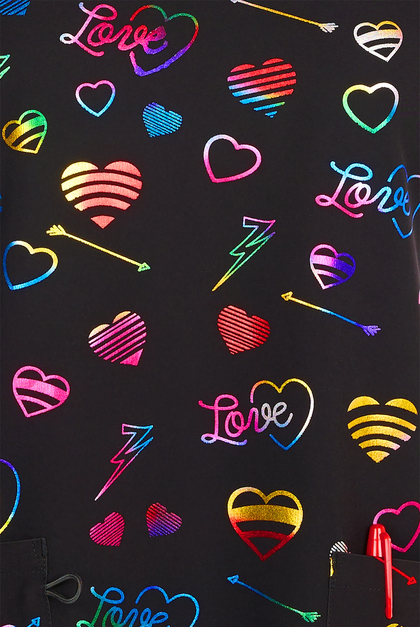 Green Town Hearts and Arrows Foil Women's 3-Pocket STRETCH V-Neck Print Scrub Top