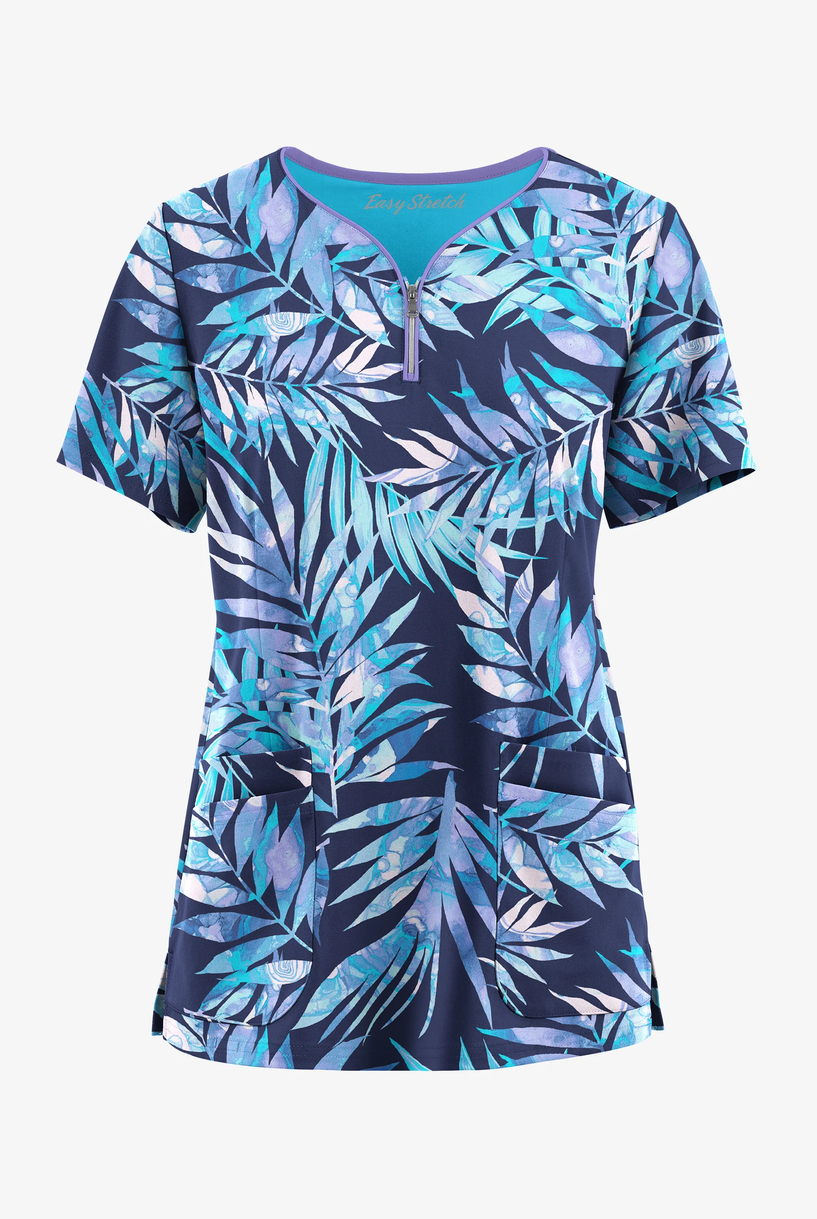 Easy STRETCH  Watercolor Tropical Women's 4-Pocket Zip Curved Neck Print Scrub Top