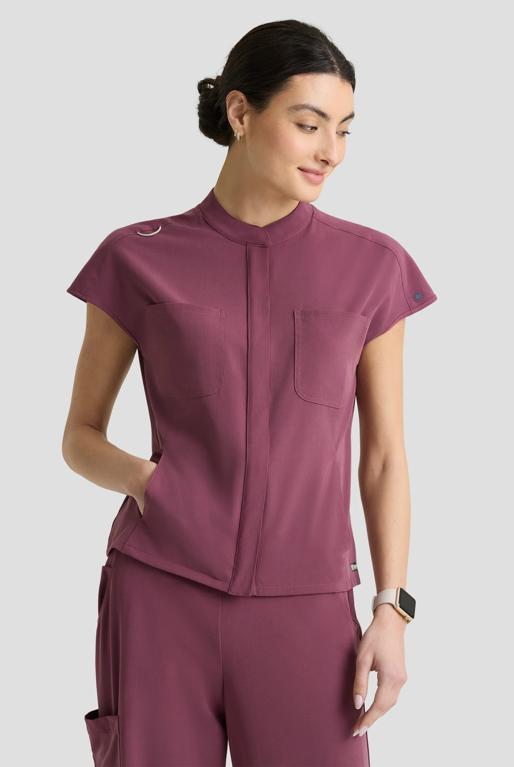 Grey's Anatomy by Barco Cultivate Aria Women's 6-Pocket STRETCH Zip Front Mandarin Collar Scrub Top