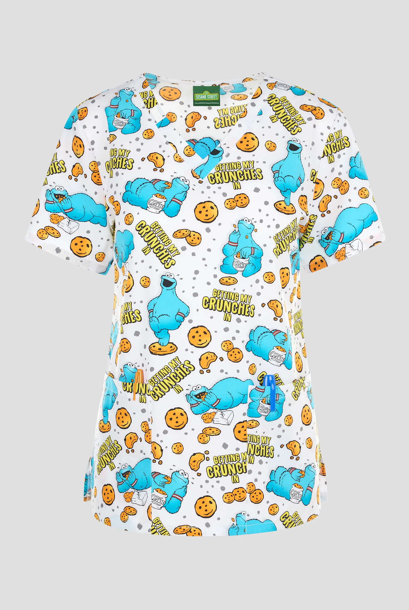 Tooniforms Cookie Monster Crunches Women's 2-Pocket STRETCH V-Neck Print Scrub Top