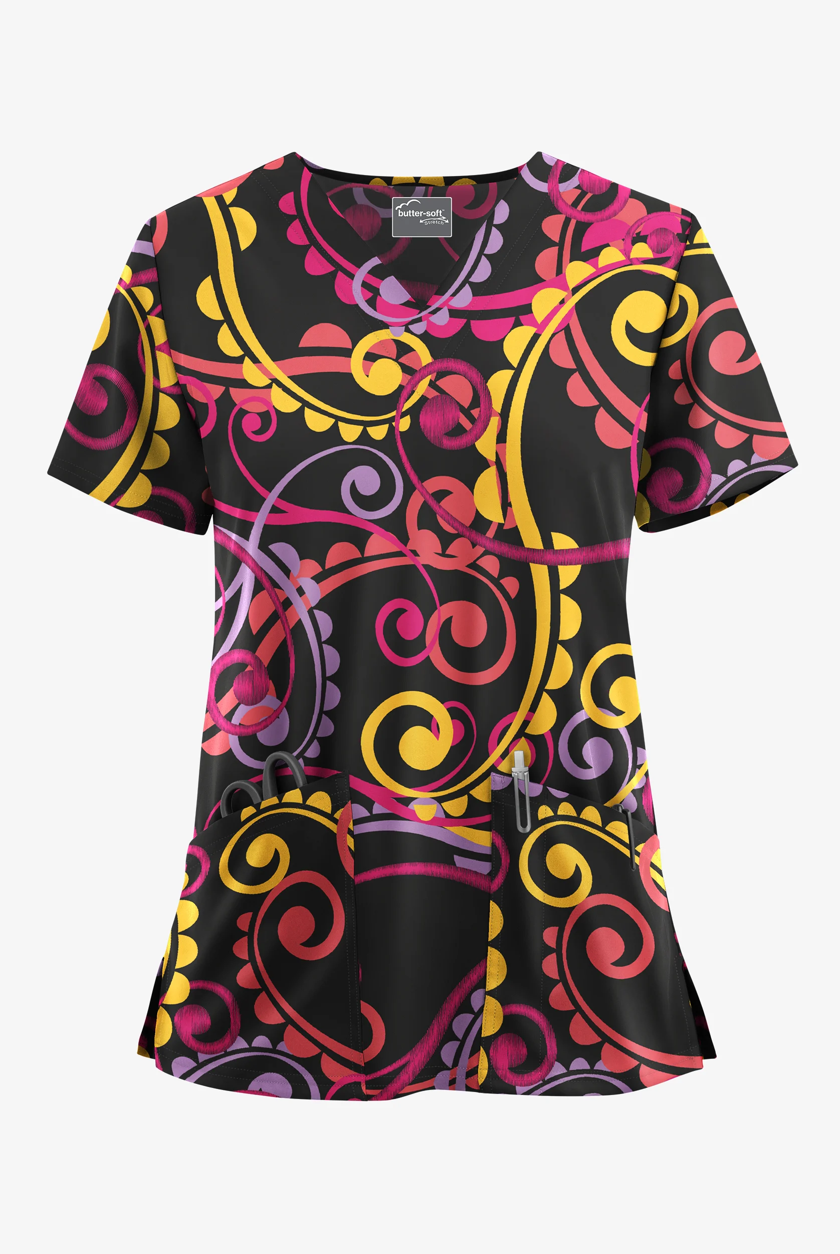 Blusa médica estampada UA Butter-Soft STRETCH Cartwheels Black con cuello en V y 2 bolsillos para mujer