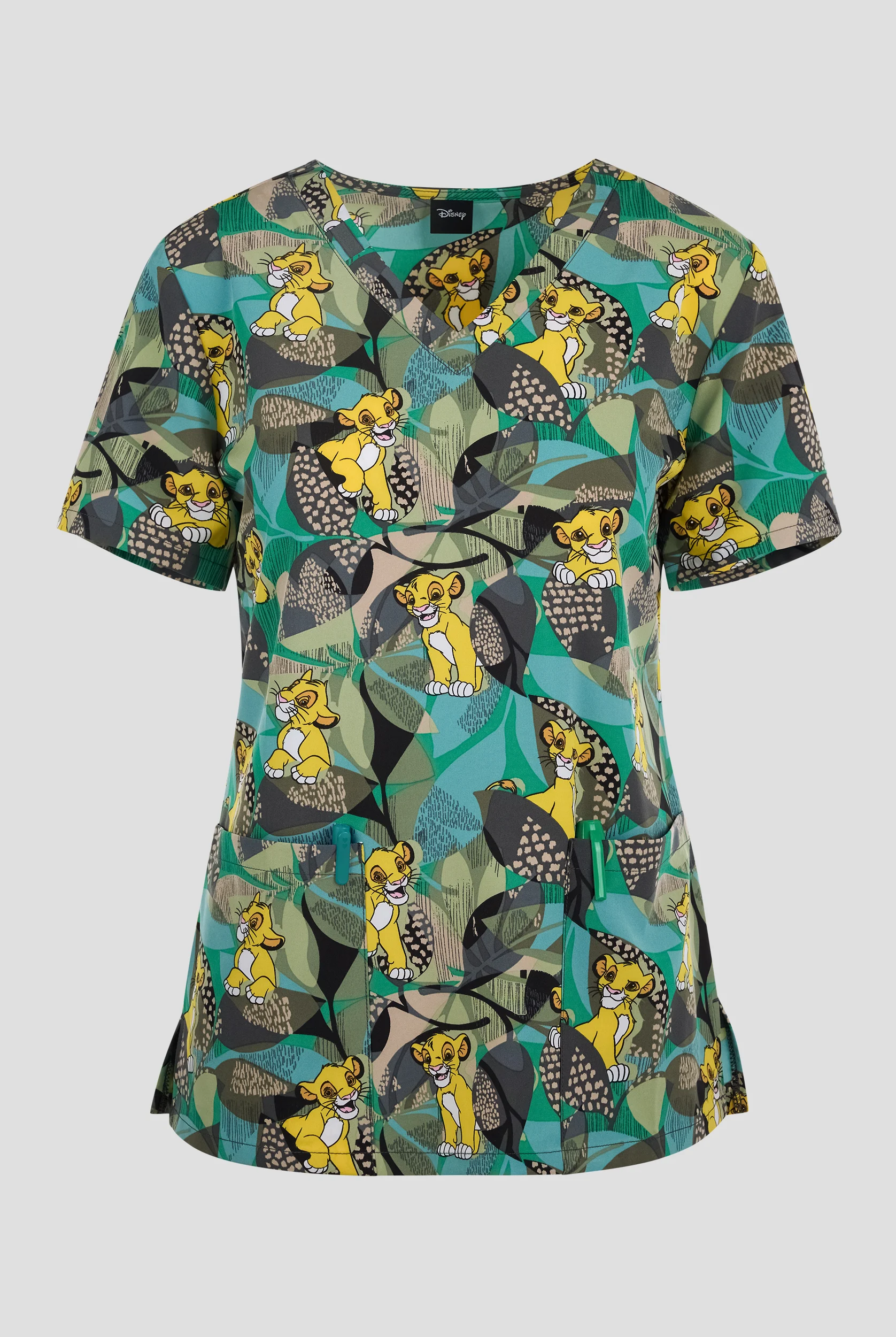 Tooniforms Disney's Tropical Roar Women's 2-Pocket STRETCH V-Neck Print Scrub Top