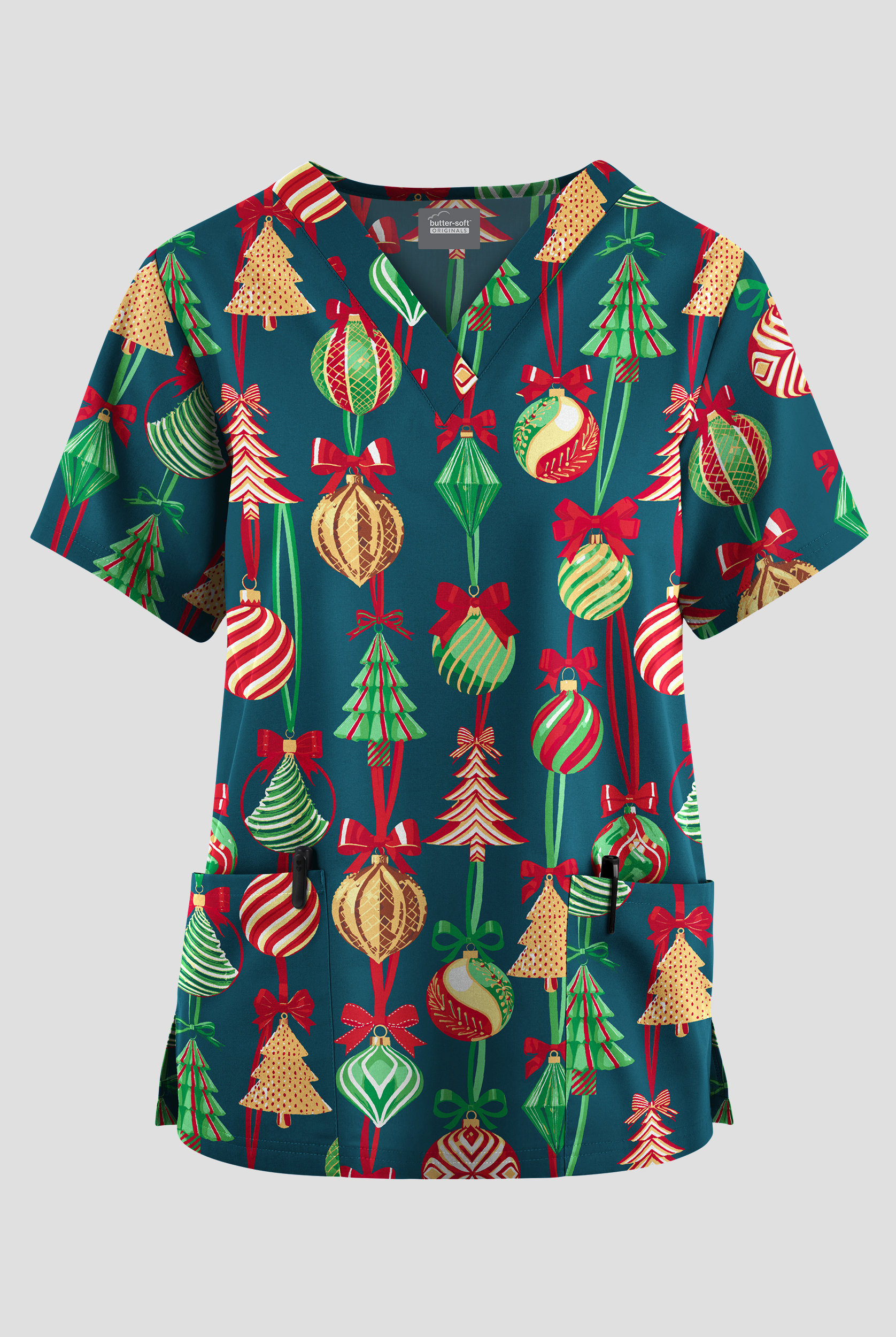 Butter-Soft Originals Ornament Cheer Caribbean Blue Women's 2-Pocket V-Neck Print Scrub Top