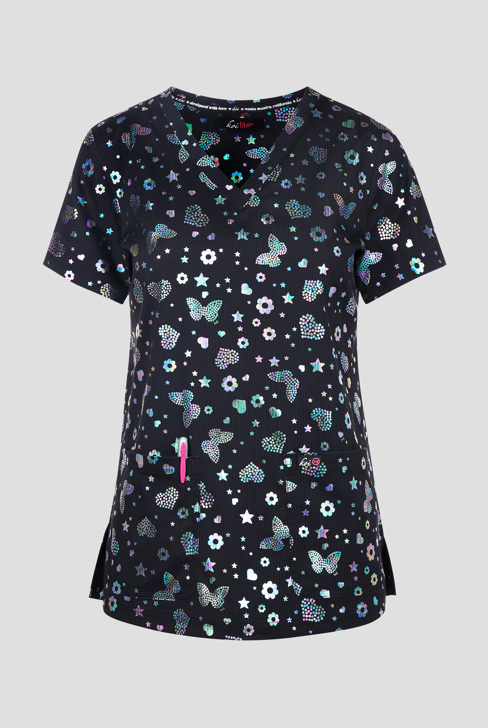 Blusa médica estampada koi Lite Iridescent Light Bright Black STRETCH con cuello en V y 2 bolsillos para mujer