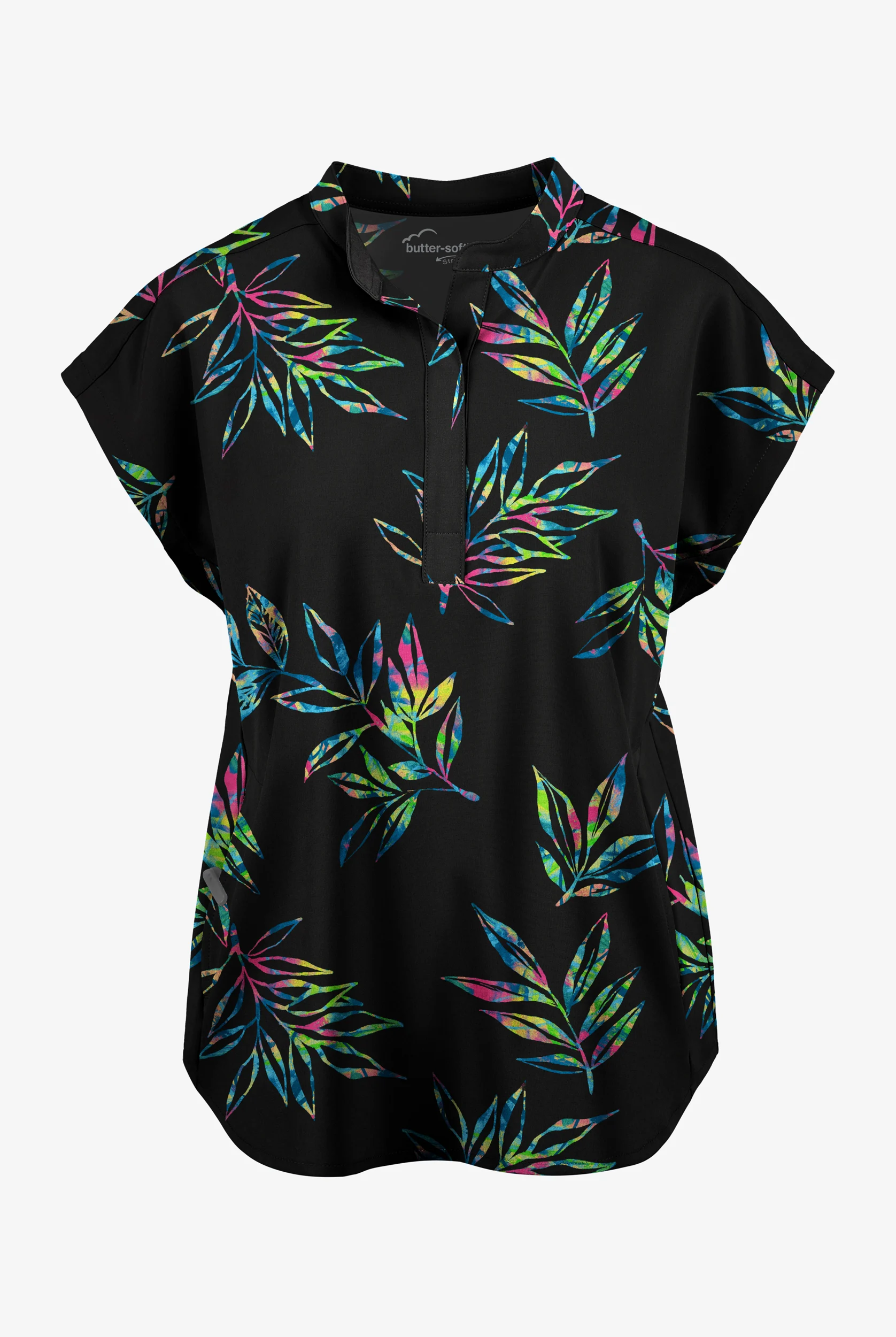 Butter-Soft STRETCH Night Garden Black Women's Dolman Print Scrub Top