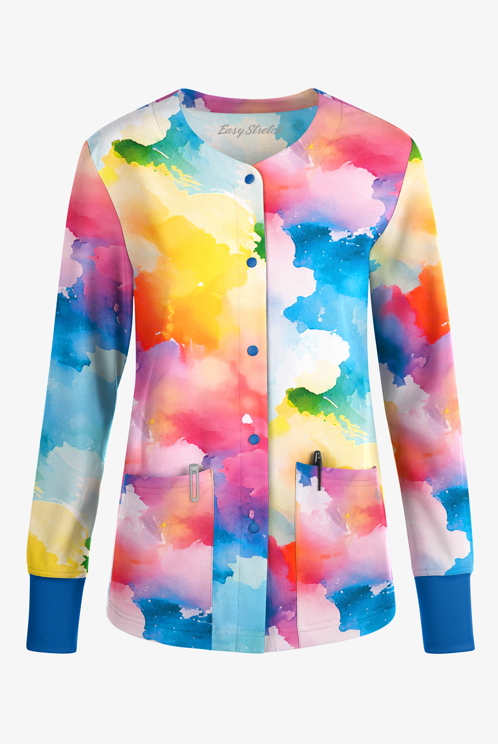Chaqueta médica estampada Easy STRETCH Vibrant Clouds Royal con botones a presión para mujer