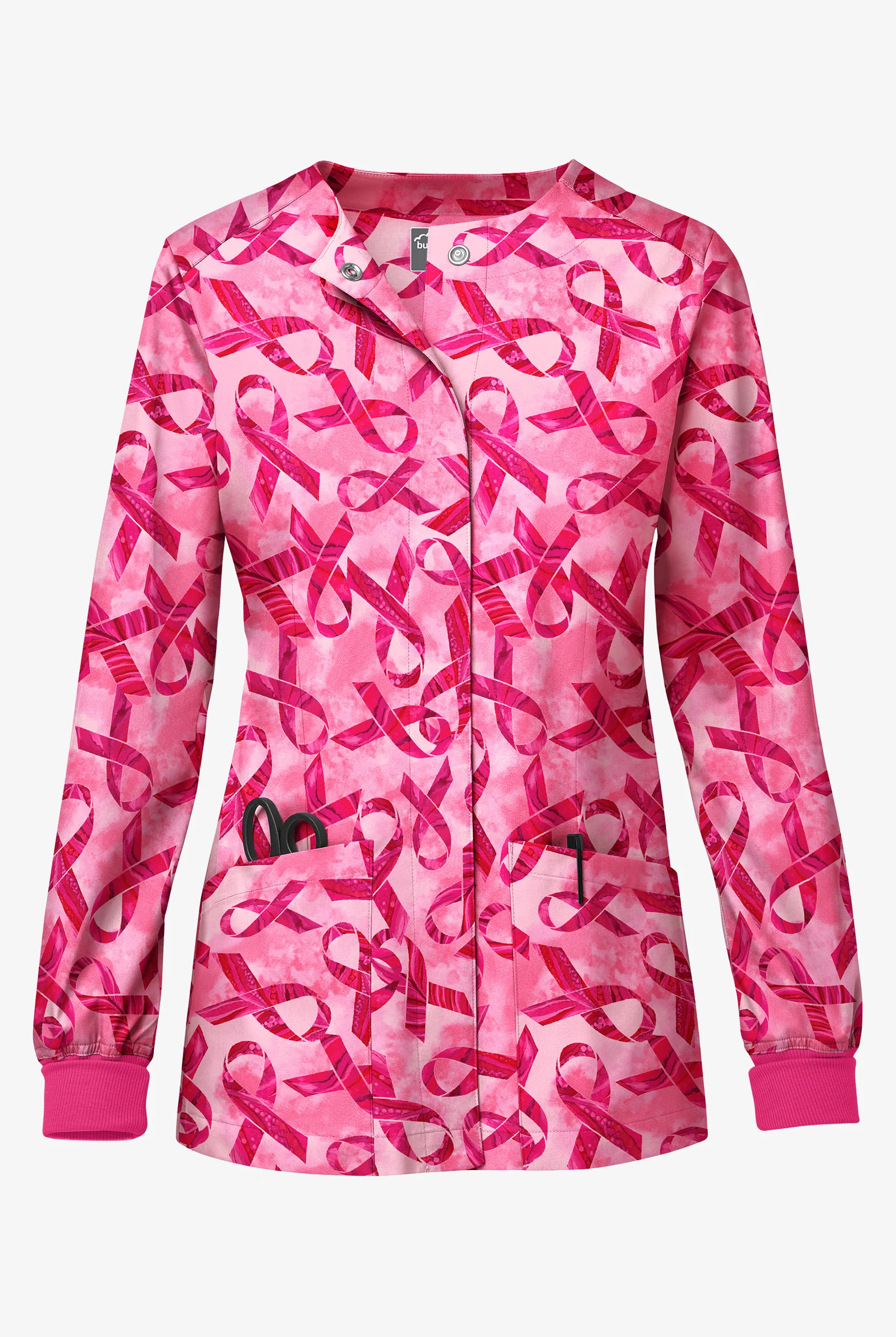 Chaqueta médica estampada Butter-Soft STRETCH Pink Courage Fuchsia con botones a presión y 3 bolsillos para mujer