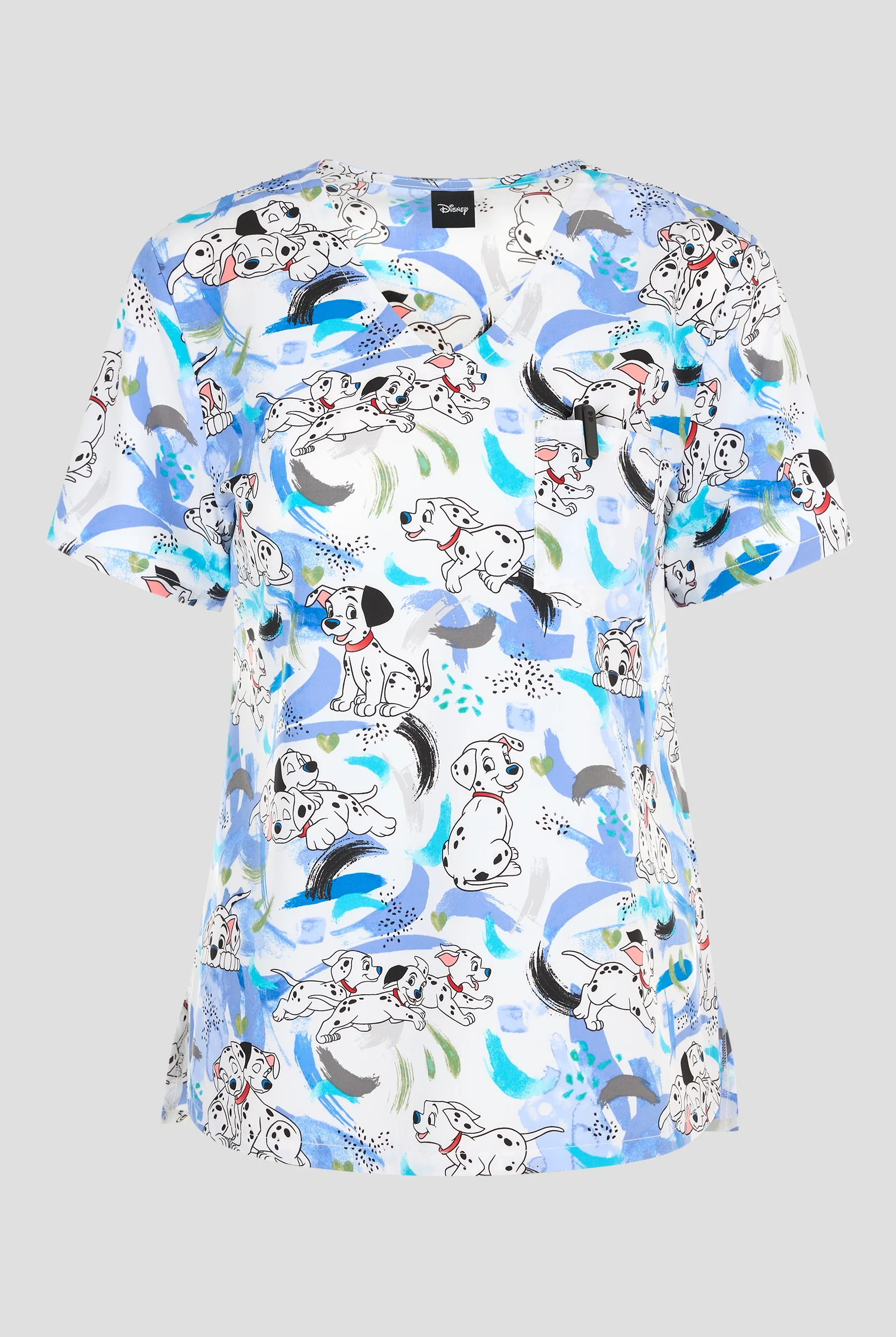 Blusa médica estampada Tooniforms Disney's 101 Dalmatians Puppy Splash STRETCH con cuello en V y 1 bolsillo para mujer
