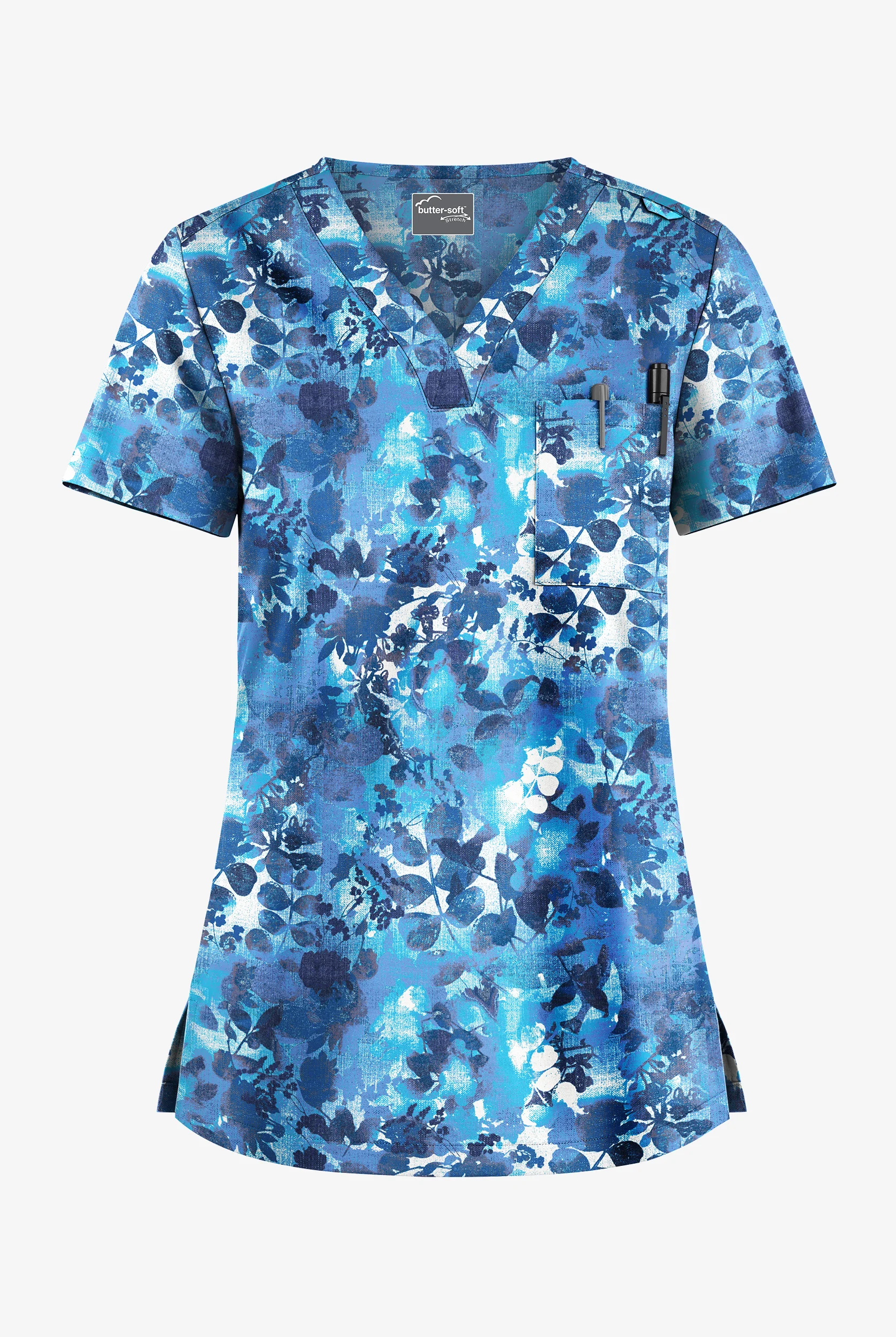 Butter-Soft STRETCH Mystic Floral Ceil Women's 1-Pocket V-Neck Print Scrub Top