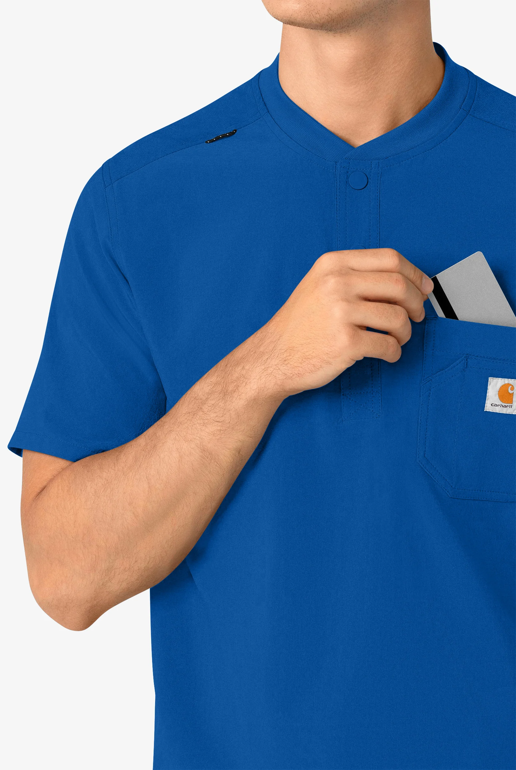 Camisa m&eacute;dica Carhartt Cross-Flex STRETCH estilo Henley con cuello y 3 bolsillos para hombre