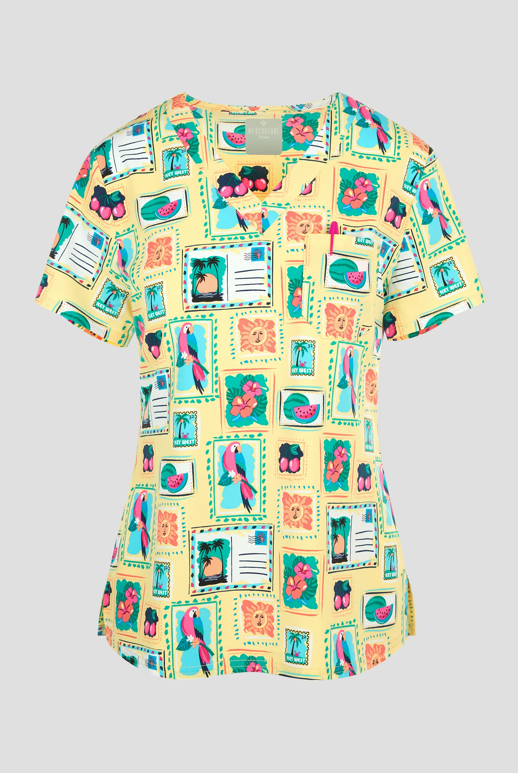 Med Couture Vacation Postcard Women's 1-Pocket STRETCH V-Neck Print Scrub Top