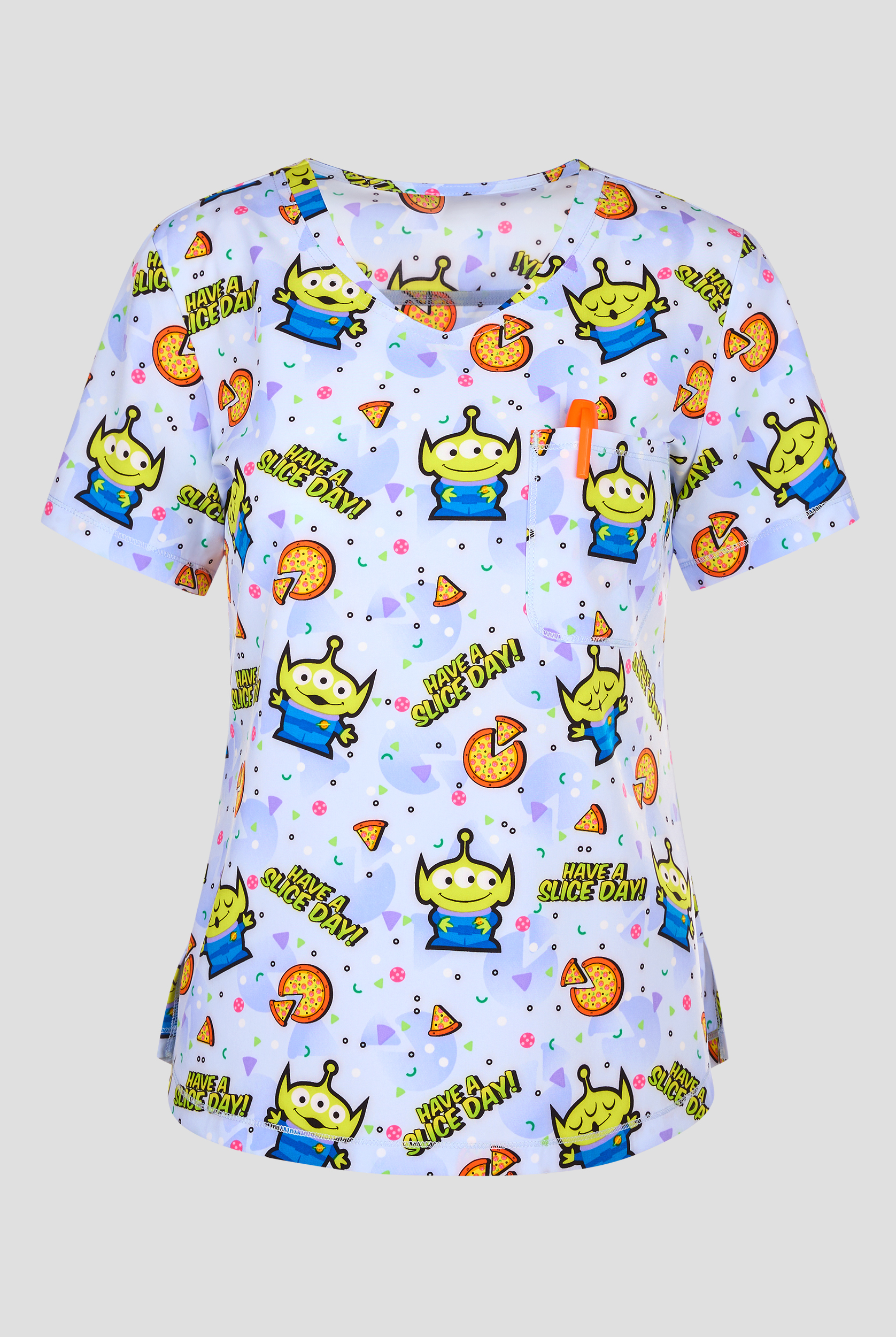 Blusa médica estampada Tooniforms Disney's Minions Have A Slice STRETCH con cuello en V y 3 bolsillos para mujer