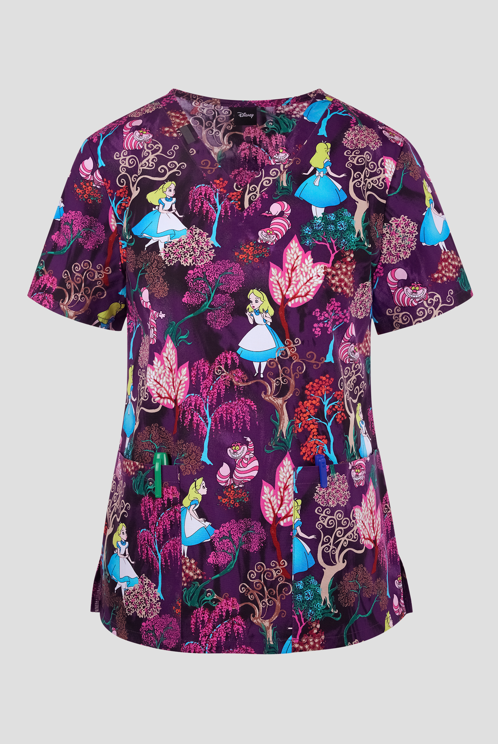 Tooniforms Disney's Here And Everywhere Women's 2-Pocket STRETCH V-Neck Print Scrub Top