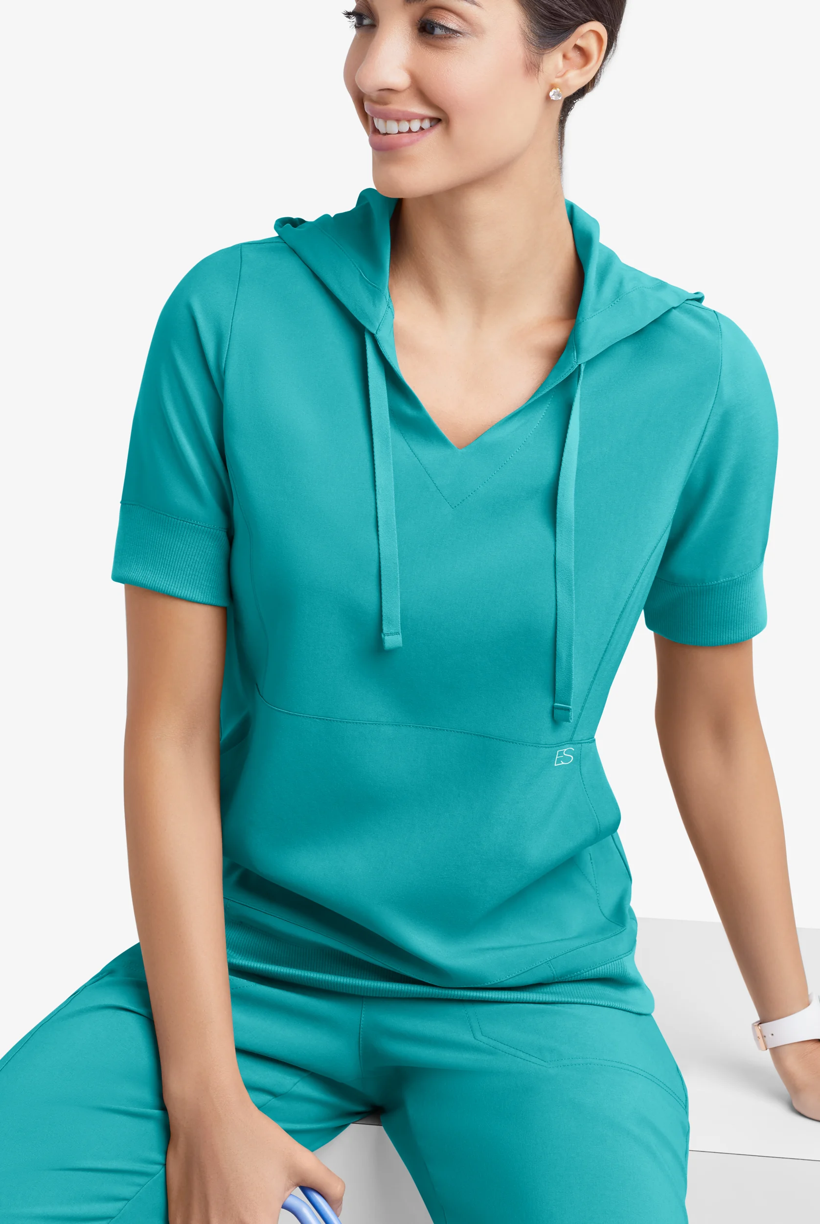 Easy STRETCH True Women's 3-Pocket Short Sleeve Pull-Over Scrub Hoodie