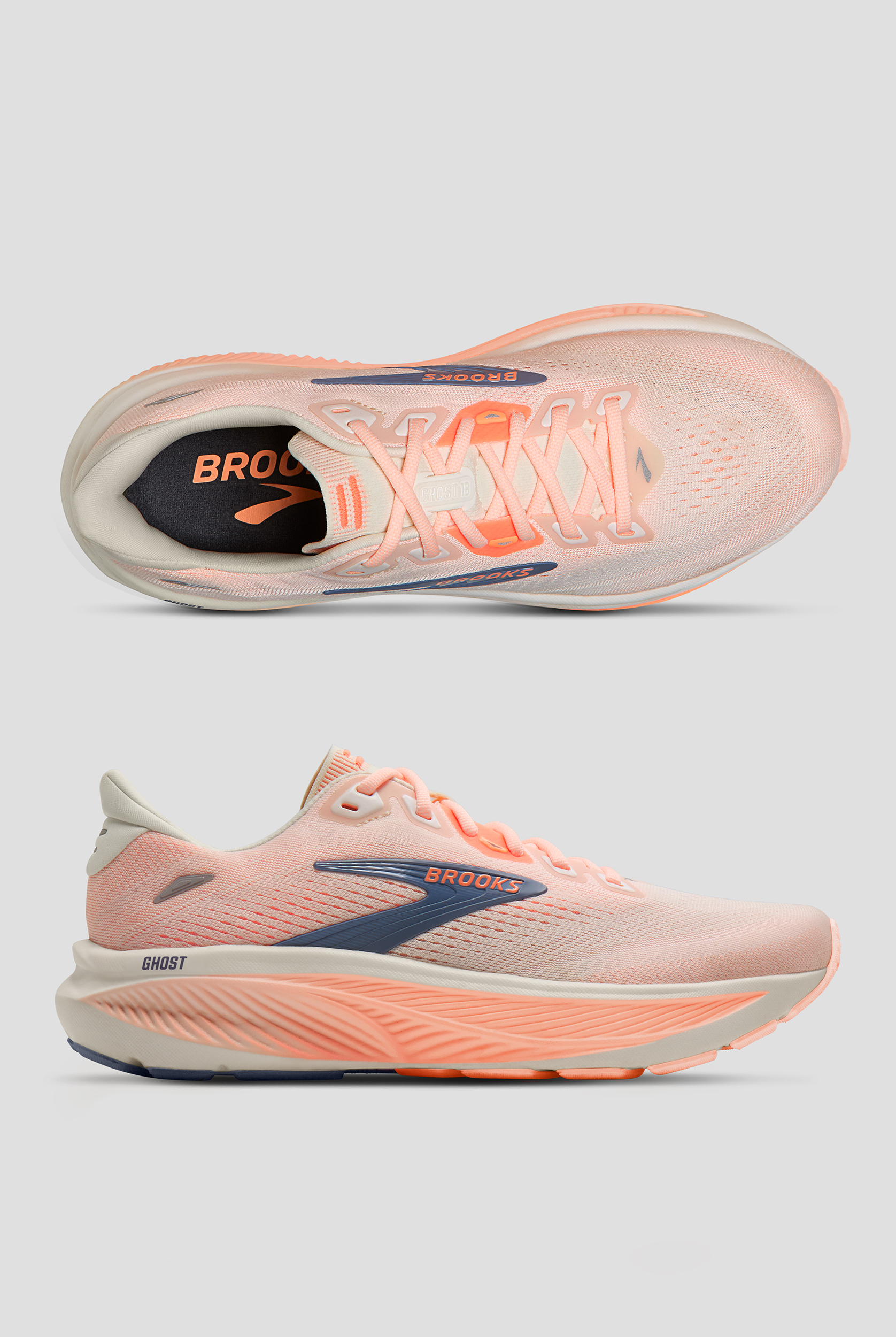 Brooks Women's Ghost 18 Star White/Cyber Peach/Grey Athletic Lace Up Shoes