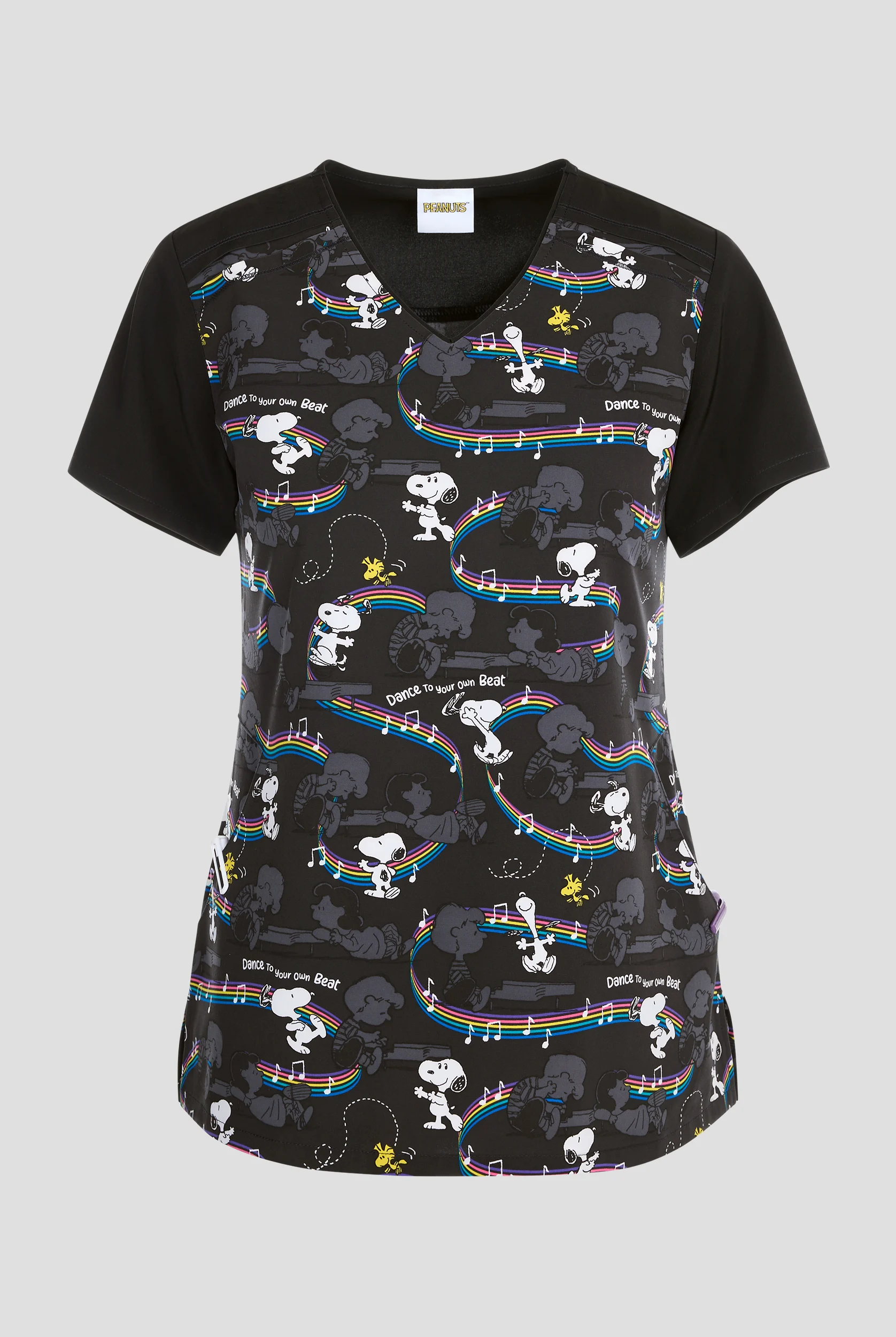 Blusa médica estampada Tooniforms Peanuts Your Own Beat STRETCH con cuello en V y 3 bolsillos para mujer
